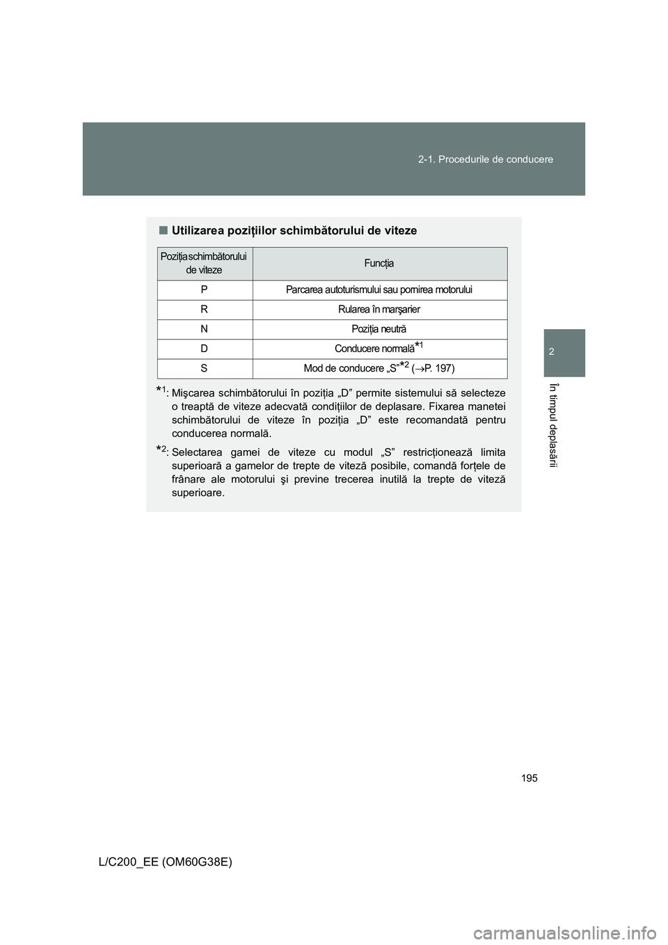 TOYOTA LAND CRUISER 2012  Manual de utilizare (in Romanian) 195 2-1. Procedurile de conducere
2
În timpul deplasării
L/C200_EE (OM60G38E)
■Utilizarea poziţiilor schimbătorului de viteze
*1:Mişcarea schimbătorului în poziţia „D” permite sistemului