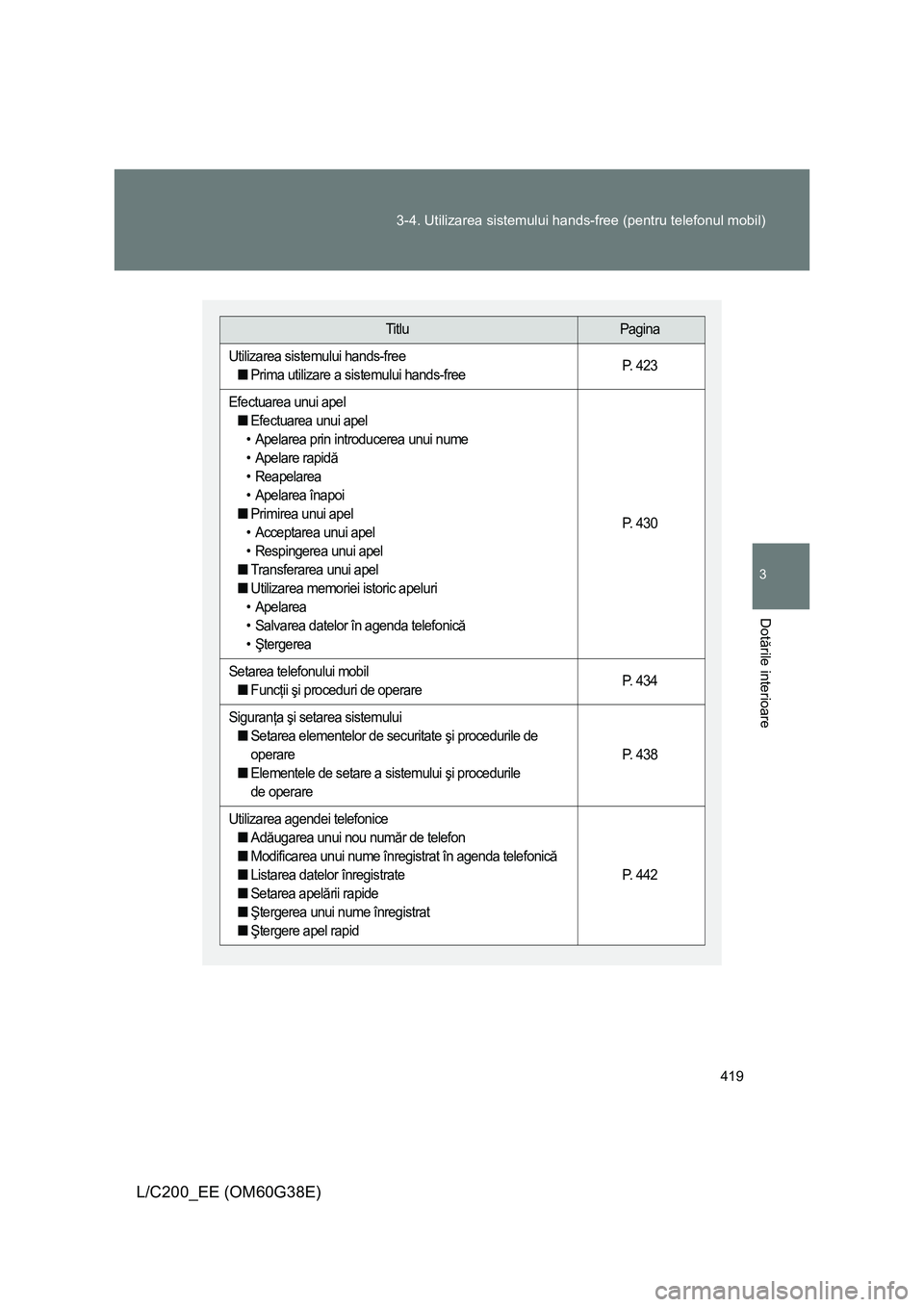 TOYOTA LAND CRUISER 2012  Manual de utilizare (in Romanian) 419 3-4. Utilizarea sistemului hands-free (pentru telefonul mobil)
3
Dotările interioare
L/C200_EE (OM60G38E)
TitluPagina
Utilizarea sistemului hands-free
■Prima utilizare a sistemului hands-freeP.