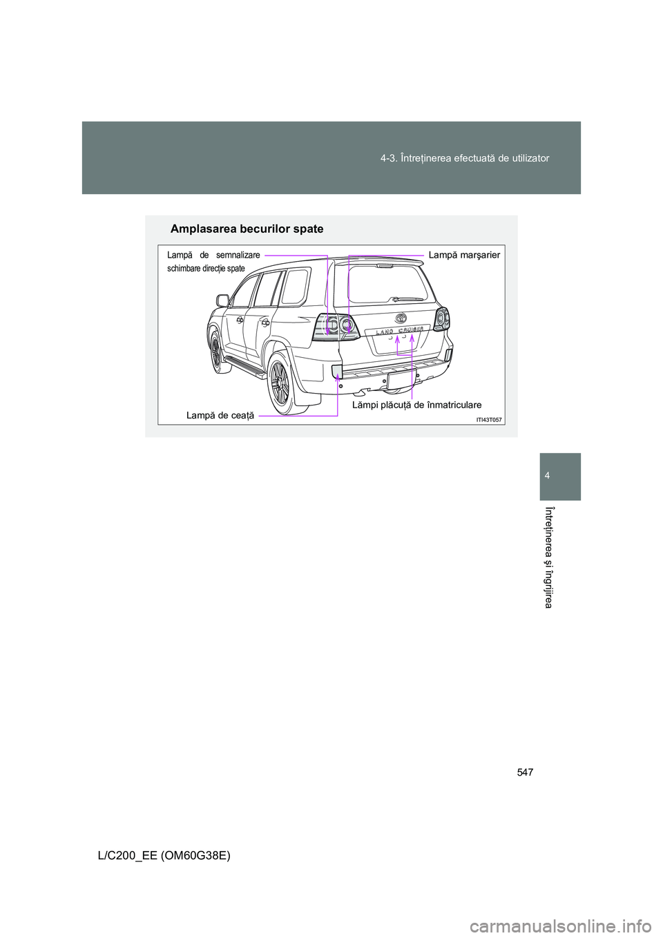 TOYOTA LAND CRUISER 2012  Manual de utilizare (in Romanian) 547 4-3. Întreţinerea efectuată de utilizator
4
Întreţinerea şi îngrijirea
L/C200_EE (OM60G38E)
Amplasarea becurilor spate
Lampă de ceaţă
Lampă de semnalizare
schimbare direcţie spate
Lamp