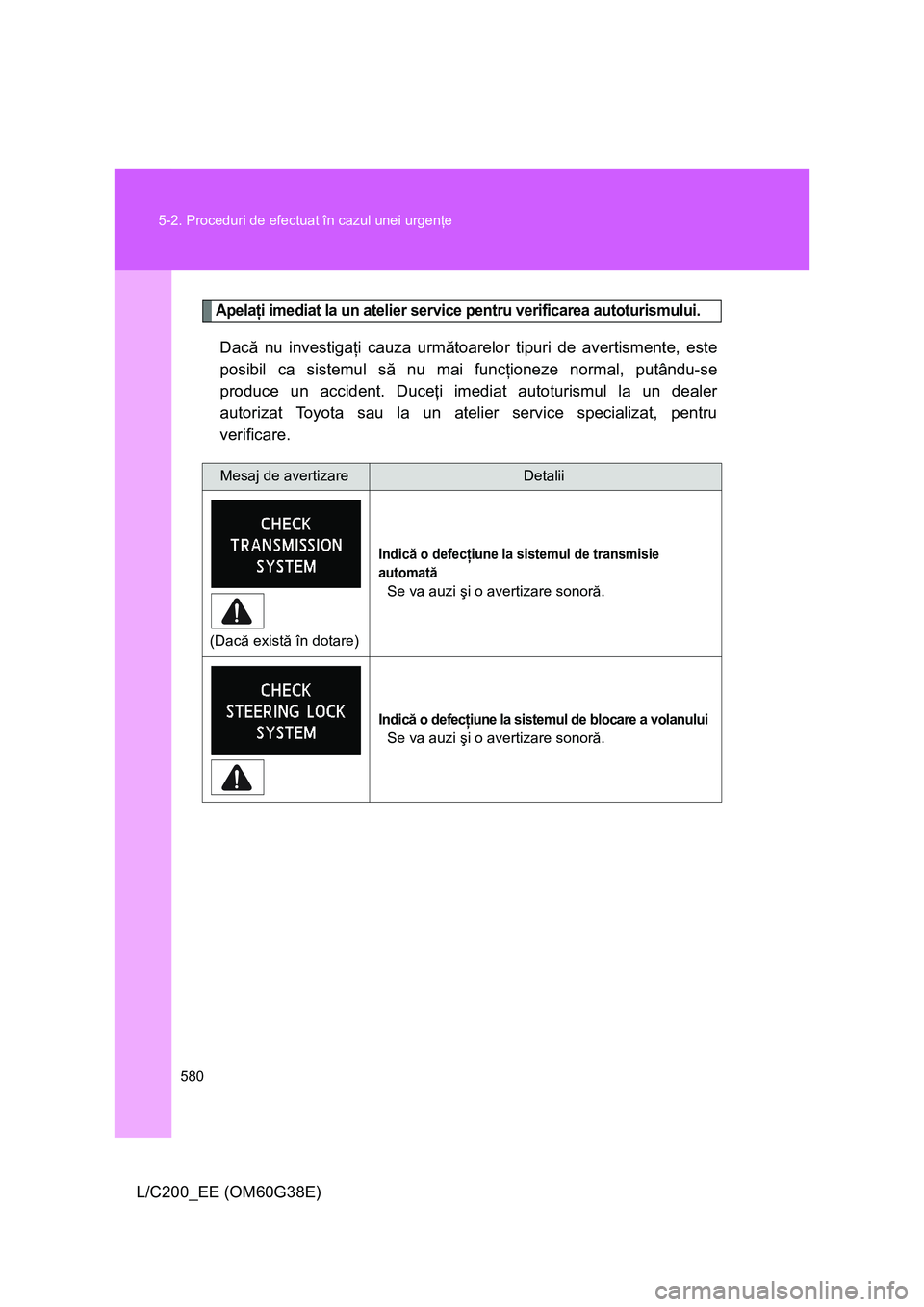 TOYOTA LAND CRUISER 2012  Manual de utilizare (in Romanian) 580 5-2. Proceduri de efectuat în cazul unei urgenţe
L/C200_EE (OM60G38E)
Apelaţi imediat la un atelier service pentru verificarea autoturismului.
Dacă nu investigaţi cauza următoarelor tipuri d