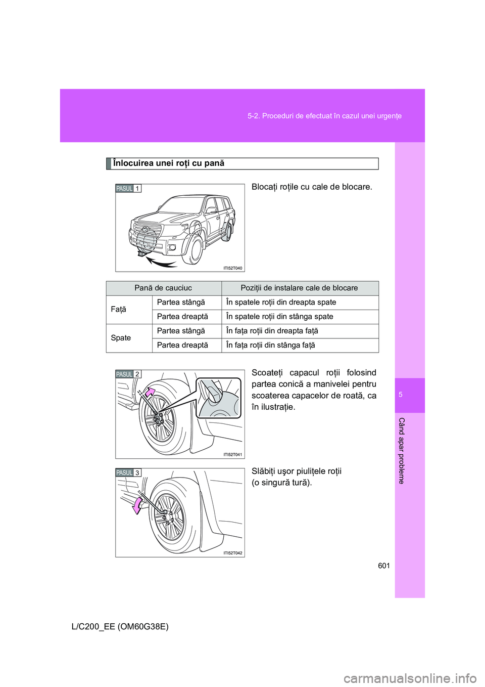 TOYOTA LAND CRUISER 2012  Manual de utilizare (in Romanian) 5
601 5-2. Proceduri de efectuat în cazul unei urgenţe
Când apar probleme
L/C200_EE (OM60G38E)
Înlocuirea unei roţi cu pană
Blocaţi roţile cu cale de blocare.
Scoateţi capacul roţii folosind