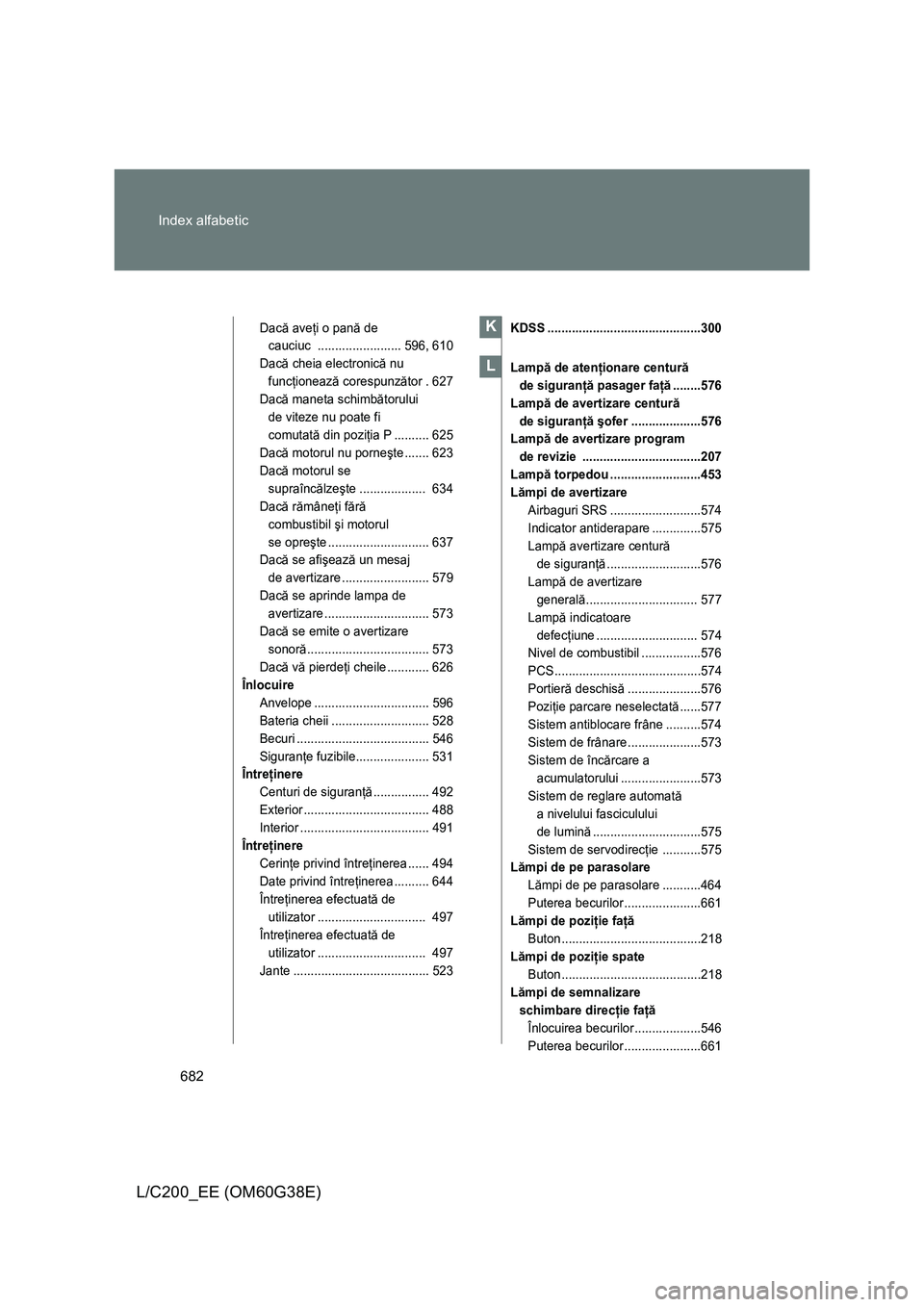 TOYOTA LAND CRUISER 2012 Manual de utilizare (in Romanian) 682 Index alfabetic
L/C200_EE (OM60G38E)
Dacă aveţi o pană de
cauciuc ........................ 596, 610
Dacă cheia electronică nu
funcţionează corespunzător . 627
Dacă maneta schimbătorulu TOYOTA LAND CRUISER 2012 Manual de utilizare (in Romanian) 682 Index alfabetic
L/C200_EE (OM60G38E)
Dacă aveţi o pană de
cauciuc ........................ 596, 610
Dacă cheia electronică nu
funcţionează corespunzător . 627
Dacă maneta schimbătorulu