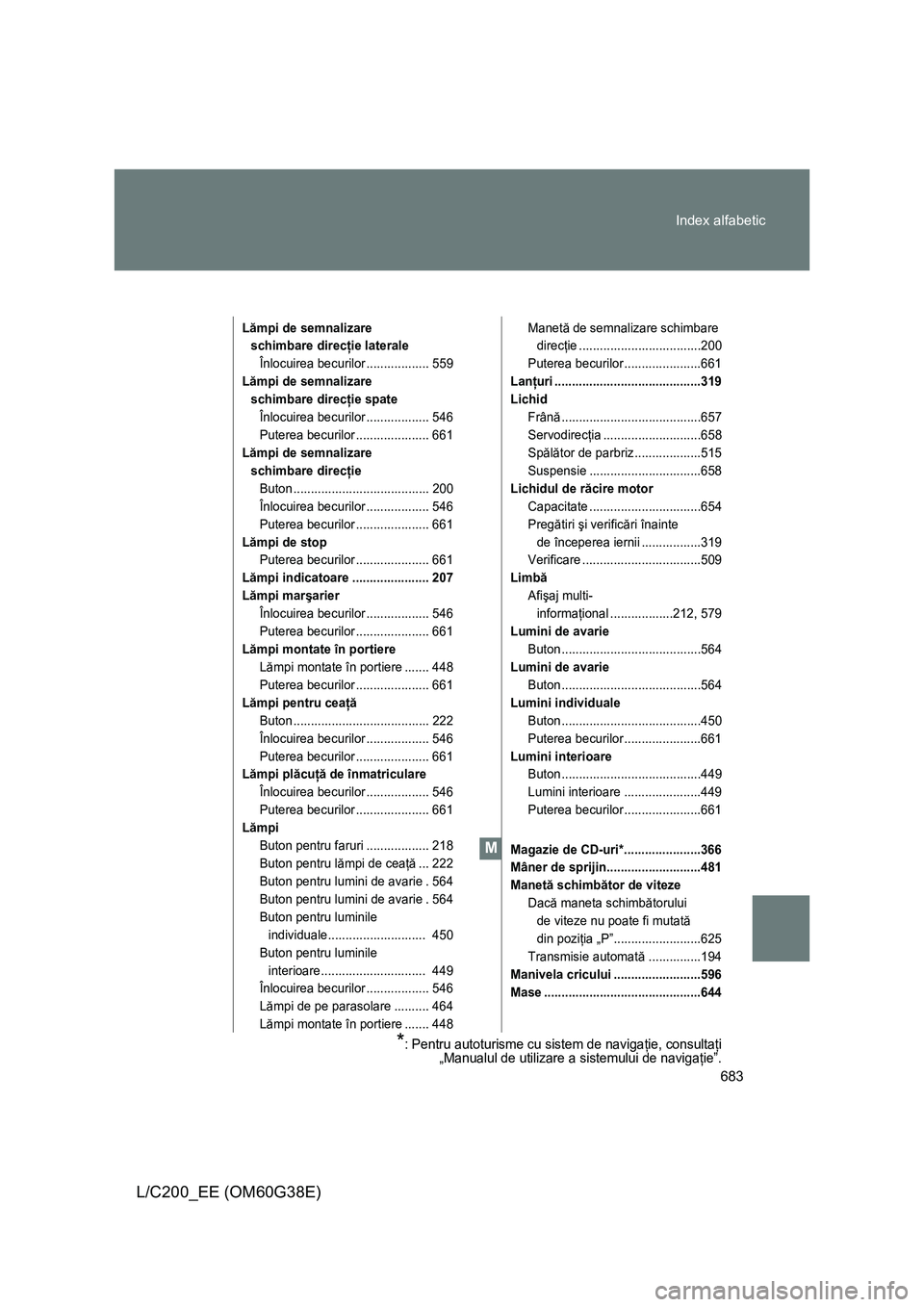 TOYOTA LAND CRUISER 2012 Manual de utilizare (in Romanian) 683 Index alfabetic
L/C200_EE (OM60G38E)
Lămpi de semnalizare
schimbare direcţie laterale
Înlocuirea becurilor .................. 559
Lămpi de semnalizare
schimbare direcţie spate
Înlocuirea b TOYOTA LAND CRUISER 2012 Manual de utilizare (in Romanian) 683 Index alfabetic
L/C200_EE (OM60G38E)
Lămpi de semnalizare
schimbare direcţie laterale
Înlocuirea becurilor .................. 559
Lămpi de semnalizare
schimbare direcţie spate
Înlocuirea b