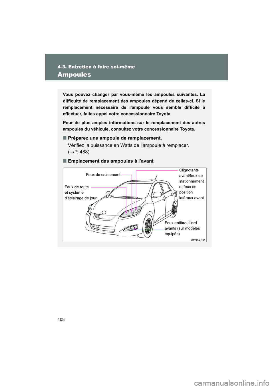 TOYOTA MATRIX 2013  Manuel du propriétaire (in French) 408
4-3. Entretien à faire soi-même
MATRIX_D
Ampoules
Vous pouvez changer par vous-même les ampoules suivantes. La
difficulté de remplacement des ampoules dépend de celles-ci. Si le
remplacement 