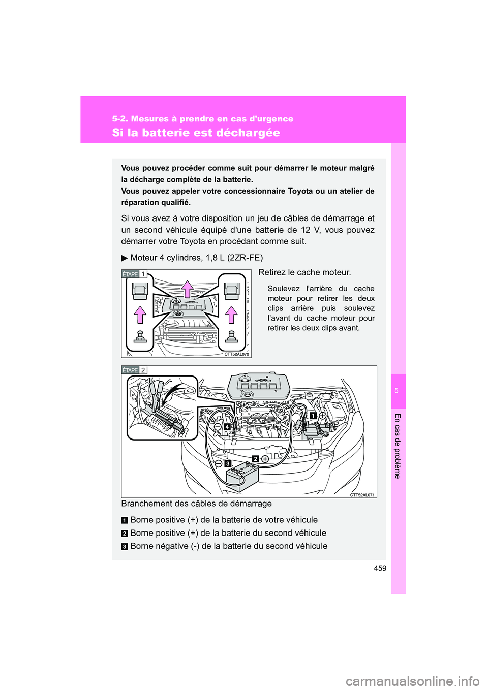 TOYOTA MATRIX 2013  Manuel du propriétaire (in French) 5
En cas de problème
459
5-2. Mesures à prendre en cas durgence
MATRIX_D
Si la batterie est déchargée
Vous pouvez procéder comme suit pour démarrer le moteur malgré
la décharge complète de l