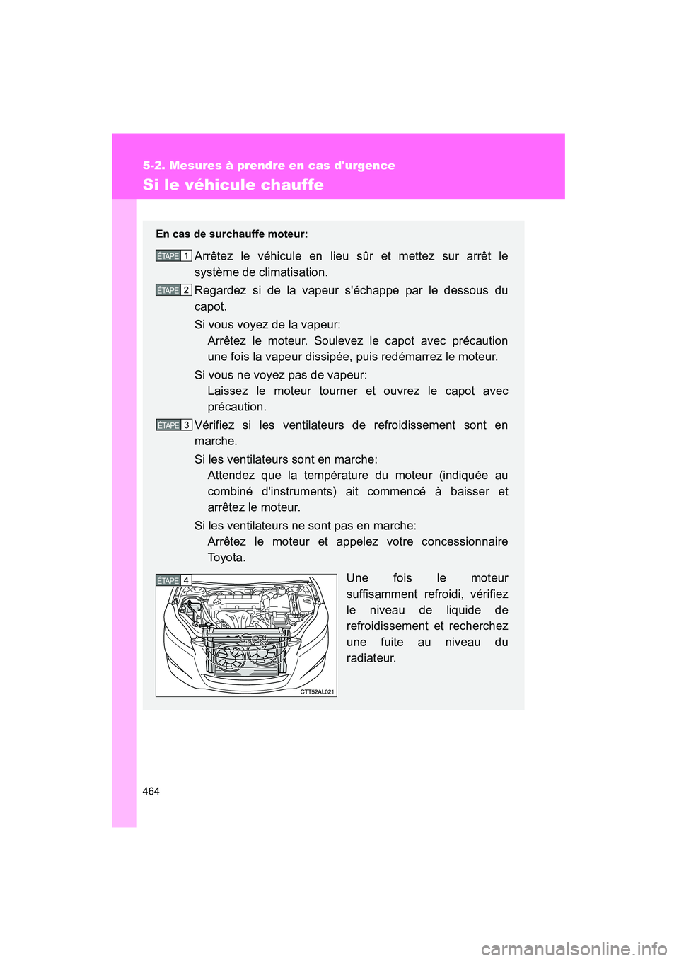 TOYOTA MATRIX 2013  Manuel du propriétaire (in French) 464
5-2. Mesures à prendre en cas durgence
MATRIX_D
Si le véhicule chauffe
En cas de surchauffe moteur:
Arrêtez le véhicule en lieu sûr et mettez sur arrêt le
système de climatisation.
Regarde