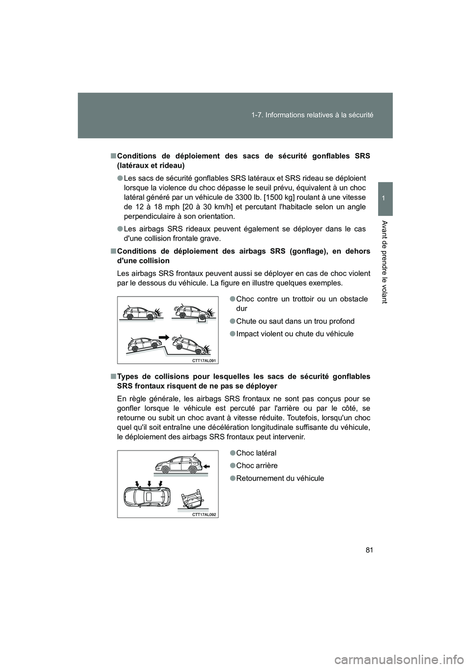 TOYOTA MATRIX 2013  Manuel du propriétaire (in French) 81
1-7. Informations relatives à la sécurité
1
Avant de prendre le volant
MATRIX_D
■
Conditions de déploiement des sacs de sécurité gonflables SRS
(latéraux et rideau)
● Les sacs de sécuri