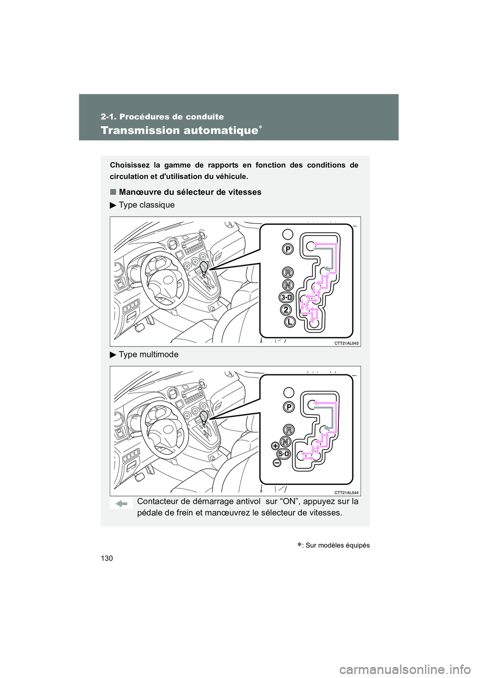 TOYOTA MATRIX 2011  Manuel du propriétaire (in French) 130
2-1. Pr océd ures  de co nduite
MATRIX_D
Tra nsm ission automa tique∗
Choisissez  la gamme de  rapport s en fon ction   des  condit ions de
cir culat ion et d utilisation du véhicule.
■ Man