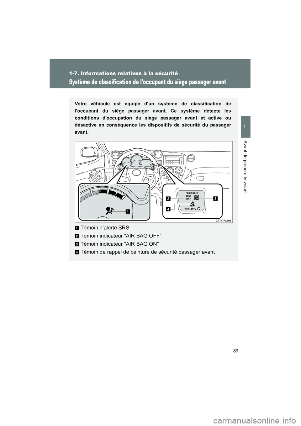 TOYOTA MATRIX 2011  Manuel du propriétaire (in French) 89
1
1-7. Informatio ns re latives  à la sé curité
Avant de pre ndre le  volant
MA TRIX_D
Systèm e de classi fication de  loccupant  du siège  pass age r a vant
Votr e  véh icule est équ ipé 