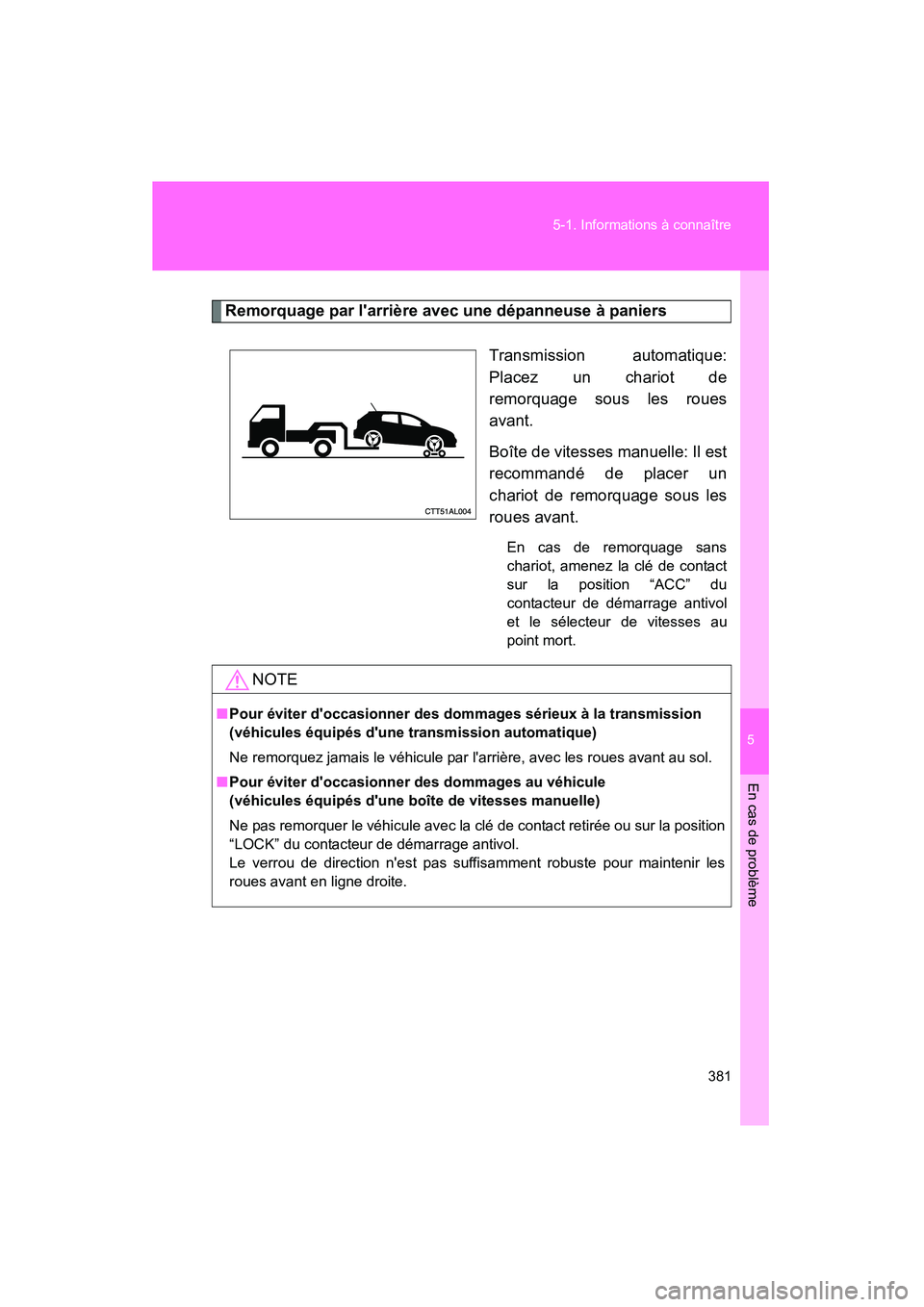 TOYOTA MATRIX 2010  Manuel du propriétaire (in French) 5
En cas de problème
381
5-1. Informations à connaître
MATRIX_D_(L/O_0902)
Remorquage par larrière avec une dépanneuse à paniers
Transmission automatique:
Placez un chariot de
remorquage sous l