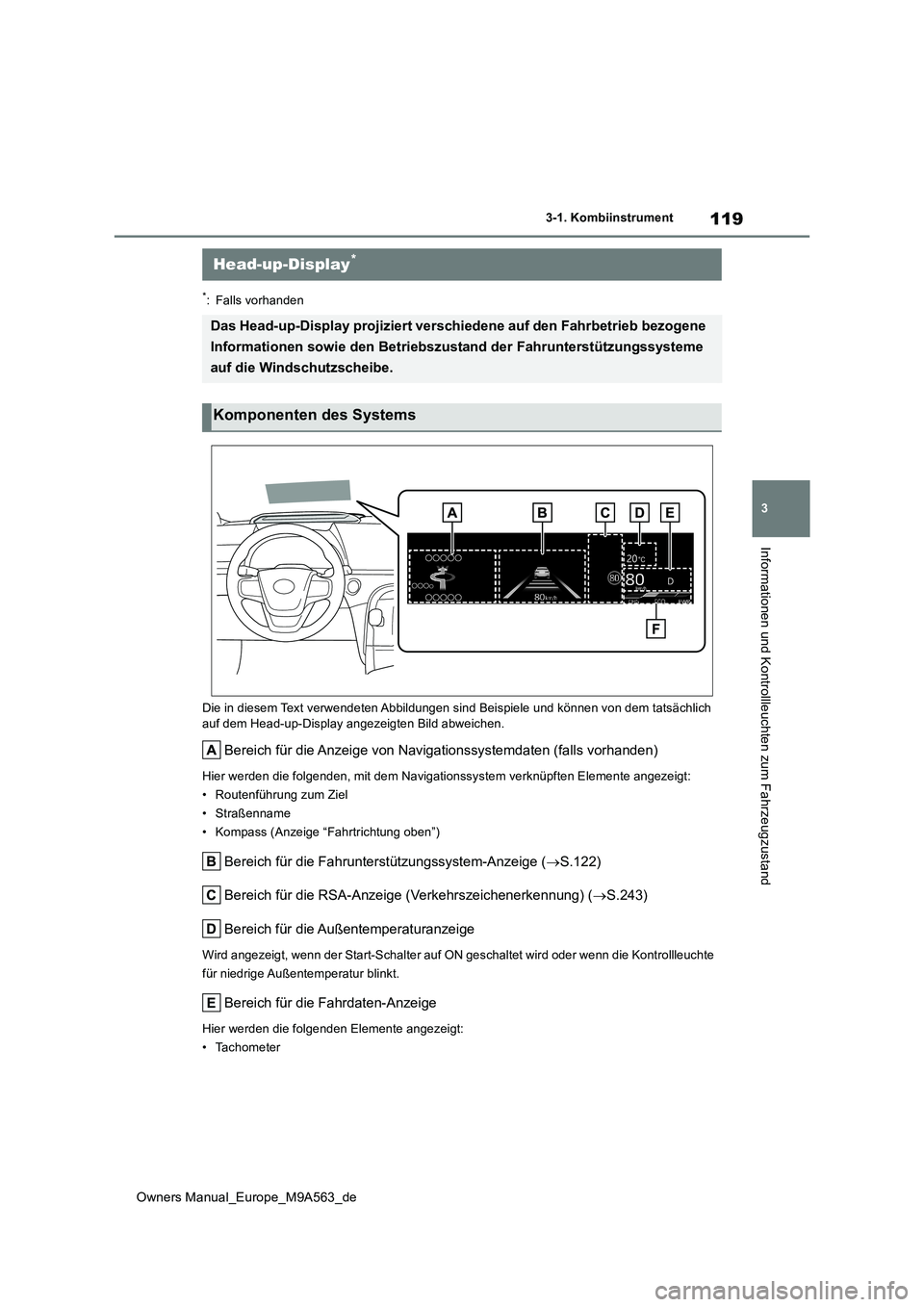 TOYOTA MIRAI 2023 Betriebsanleitungen (in German) 119
3
Owners Manual_Europe_M9A563_de
3-1. Kombiinstrument
Informationen und Kontrollleuchten zum Fahrzeugzustand
*: Falls vorhanden
Die in diesem Text verwendeten Abbildungen sind Beispiele und k ön TOYOTA MIRAI 2023 Betriebsanleitungen (in German) 119
3
Owners Manual_Europe_M9A563_de
3-1. Kombiinstrument
Informationen und Kontrollleuchten zum Fahrzeugzustand
*: Falls vorhanden
Die in diesem Text verwendeten Abbildungen sind Beispiele und k ön