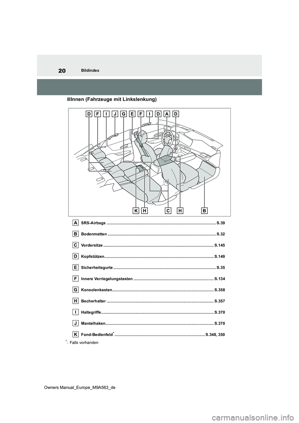 TOYOTA MIRAI 2023 Betriebsanleitungen (in German) 20
Owners Manual_Europe_M9A563_de
Bildindex
■Innen (Fahrzeuge mit Linkslenkung)
SRS-Airbags .................................................................................................. S.39
B TOYOTA MIRAI 2023 Betriebsanleitungen (in German) 20
Owners Manual_Europe_M9A563_de
Bildindex
■Innen (Fahrzeuge mit Linkslenkung)
SRS-Airbags .................................................................................................. S.39
B