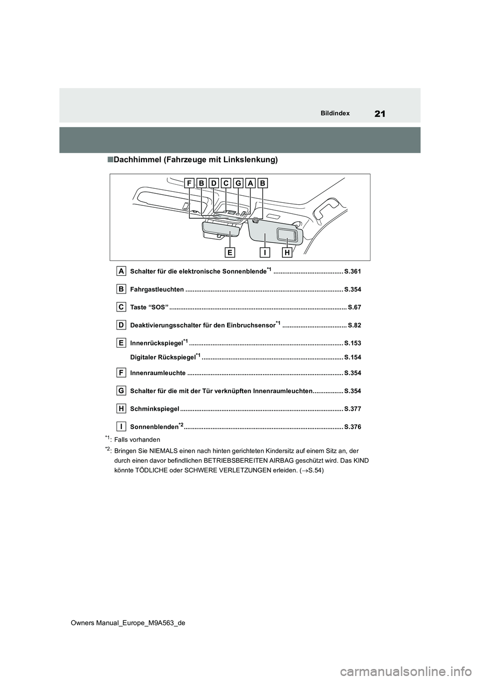 TOYOTA MIRAI 2023 Betriebsanleitungen (in German) 21
Owners Manual_Europe_M9A563_de
Bildindex
■Dachhimmel (Fahrzeuge mit Linkslenkung)
Schalter für die elektronische Sonnenblende*1....................................... S.361
Fahrgastleuchten ... TOYOTA MIRAI 2023 Betriebsanleitungen (in German) 21
Owners Manual_Europe_M9A563_de
Bildindex
■Dachhimmel (Fahrzeuge mit Linkslenkung)
Schalter für die elektronische Sonnenblende*1....................................... S.361
Fahrgastleuchten ...