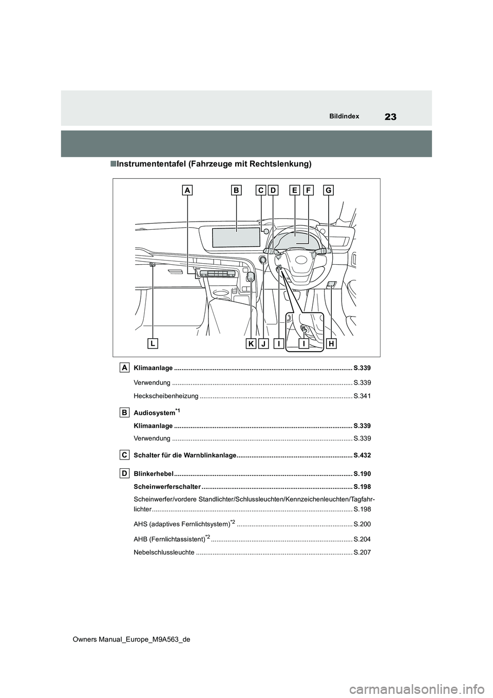 TOYOTA MIRAI 2023 Betriebsanleitungen (in German) 23
Owners Manual_Europe_M9A563_de
Bildindex
■Instrumententafel (Fahrzeuge mit Rechtslenkung)
Klimaanlage ............................................................................................. TOYOTA MIRAI 2023 Betriebsanleitungen (in German) 23
Owners Manual_Europe_M9A563_de
Bildindex
■Instrumententafel (Fahrzeuge mit Rechtslenkung)
Klimaanlage .............................................................................................