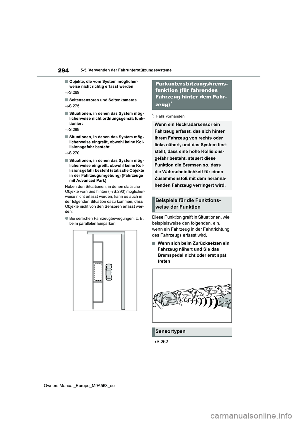 TOYOTA MIRAI 2023 Betriebsanleitungen (in German) 294
Owners Manual_Europe_M9A563_de
5-5. Verwenden der Fahrunterstützungssysteme
■Objekte, die vom System möglicher- weise nicht richtig erfasst werden
S.269
■Seitensensoren und Seitenkamera TOYOTA MIRAI 2023 Betriebsanleitungen (in German) 294
Owners Manual_Europe_M9A563_de
5-5. Verwenden der Fahrunterstützungssysteme
■Objekte, die vom System möglicher- weise nicht richtig erfasst werden
S.269
■Seitensensoren und Seitenkamera