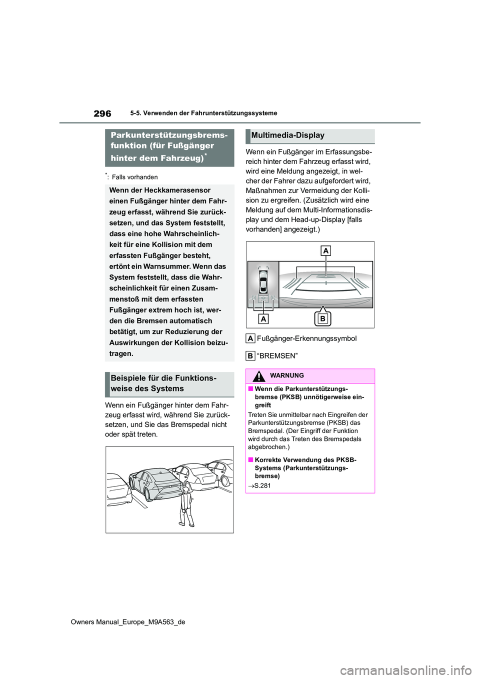 TOYOTA MIRAI 2023 Betriebsanleitungen (in German) 296
Owners Manual_Europe_M9A563_de
5-5. Verwenden der Fahrunterstützungssysteme
*: Falls vorhanden
Wenn ein Fußgänger hinter dem Fahr-
zeug erfasst wird, während Sie zurück-
setzen, und Sie das TOYOTA MIRAI 2023 Betriebsanleitungen (in German) 296
Owners Manual_Europe_M9A563_de
5-5. Verwenden der Fahrunterstützungssysteme
*: Falls vorhanden
Wenn ein Fußgänger hinter dem Fahr-
zeug erfasst wird, während Sie zurück-
setzen, und Sie das