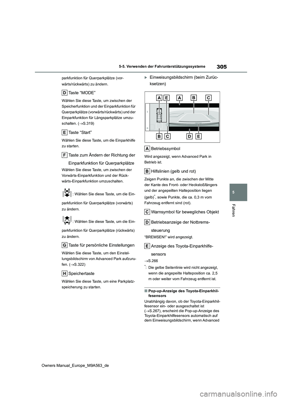 TOYOTA MIRAI 2023 Betriebsanleitungen (in German) 305
5
Owners Manual_Europe_M9A563_de
5-5. Verwenden der Fahrunterstützungssysteme
Fahren
parkfunktion für Querparkplätze (vor-
wärts/rückwärts) zu ändern.
Ta s t e “ M O D E ”
Wählen Si TOYOTA MIRAI 2023 Betriebsanleitungen (in German) 305
5
Owners Manual_Europe_M9A563_de
5-5. Verwenden der Fahrunterstützungssysteme
Fahren
parkfunktion für Querparkplätze (vor-
wärts/rückwärts) zu ändern.
Ta s t e “ M O D E ”
Wählen Si