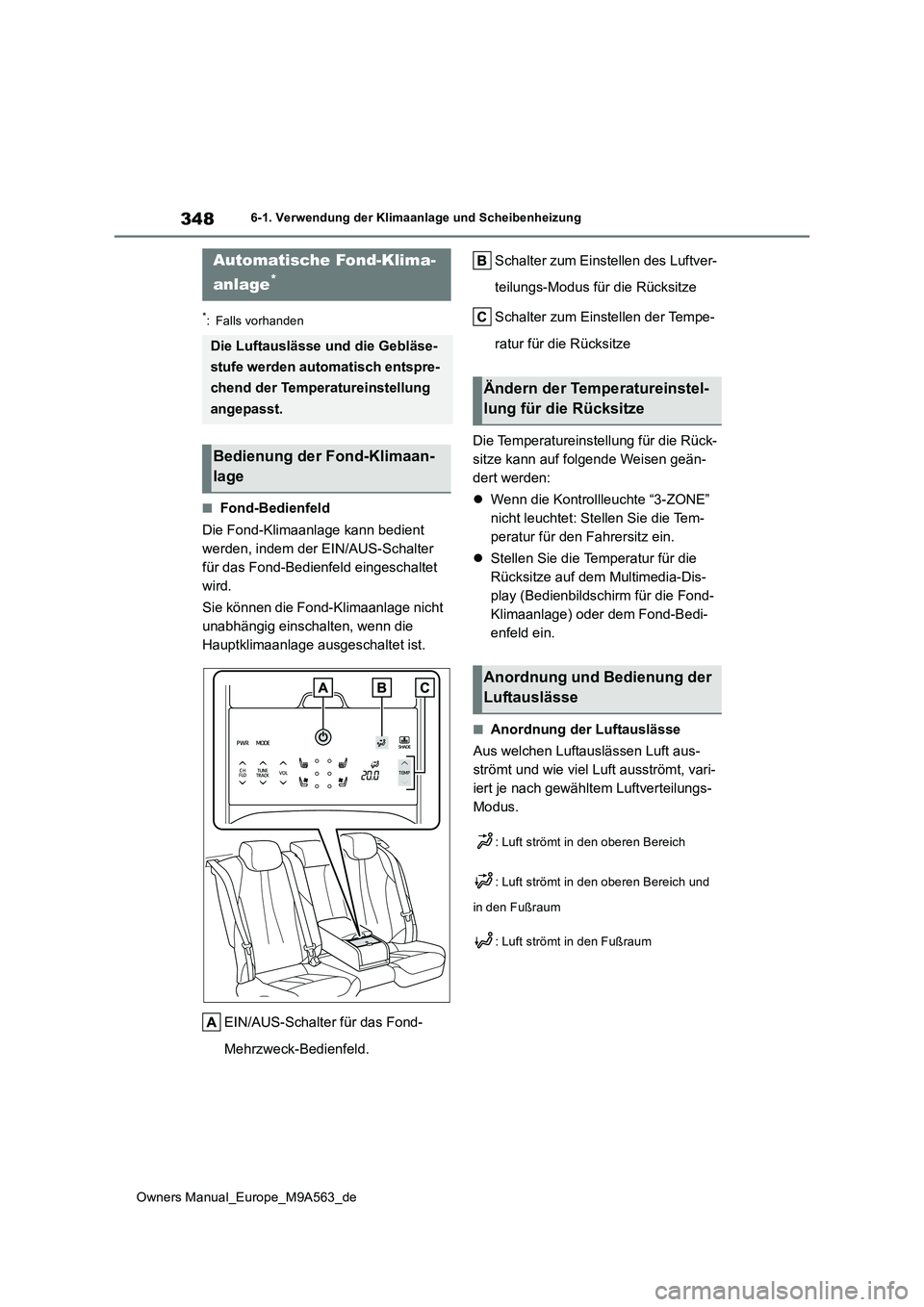 TOYOTA MIRAI 2023 Betriebsanleitungen (in German) 348
Owners Manual_Europe_M9A563_de
6-1. Verwendung der Klimaanlage und Scheibenheizung
*: Falls vorhanden
■Fond-Bedienfeld
Die Fond-Klimaanlage kann bedient
werden, indem der EIN/AUS-Schalter
f TOYOTA MIRAI 2023 Betriebsanleitungen (in German) 348
Owners Manual_Europe_M9A563_de
6-1. Verwendung der Klimaanlage und Scheibenheizung
*: Falls vorhanden
■Fond-Bedienfeld
Die Fond-Klimaanlage kann bedient
werden, indem der EIN/AUS-Schalter
f