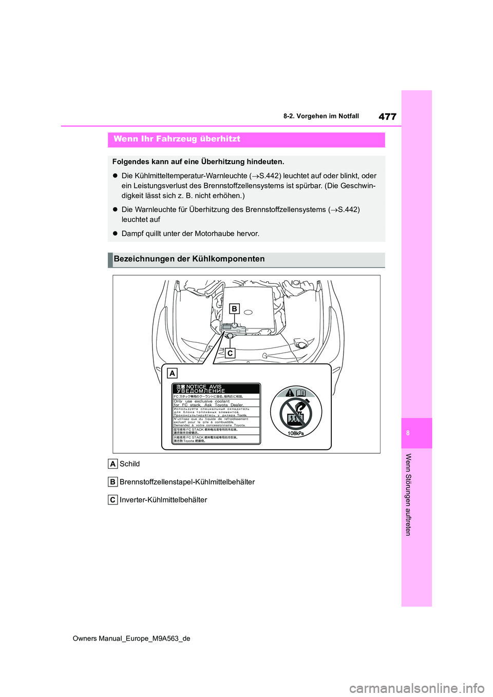 TOYOTA MIRAI 2023  Betriebsanleitungen (in German) 477
8
Owners Manual_Europe_M9A563_de
8-2. Vorgehen im Notfall
Wenn Störungen auftreten
Schild 
Brennstoffzellenstapel-Kühlmittelbehälter
Inverter-Kühlmittelbehälter
Wenn Ihr Fahrzeug überhitzt
F