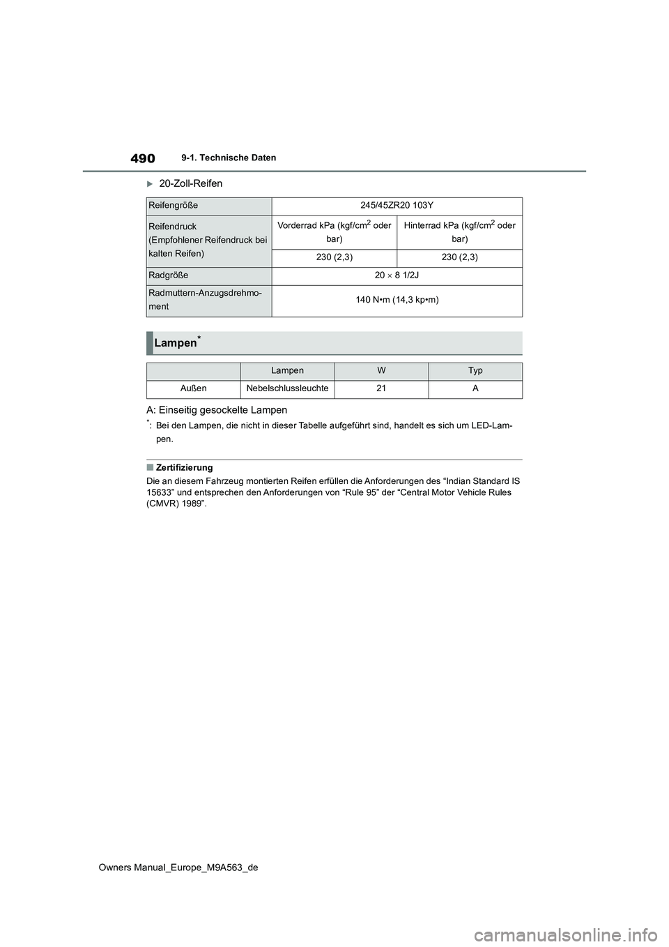 TOYOTA MIRAI 2023  Betriebsanleitungen (in German) 490
Owners Manual_Europe_M9A563_de
9-1. Technische Daten
20-Zoll-Reifen 
A: Einseitig gesockelte Lampen
*: Bei den Lampen, die nicht in dieser Tabelle aufgeführt sind, h andelt es sich um LED-Lam-