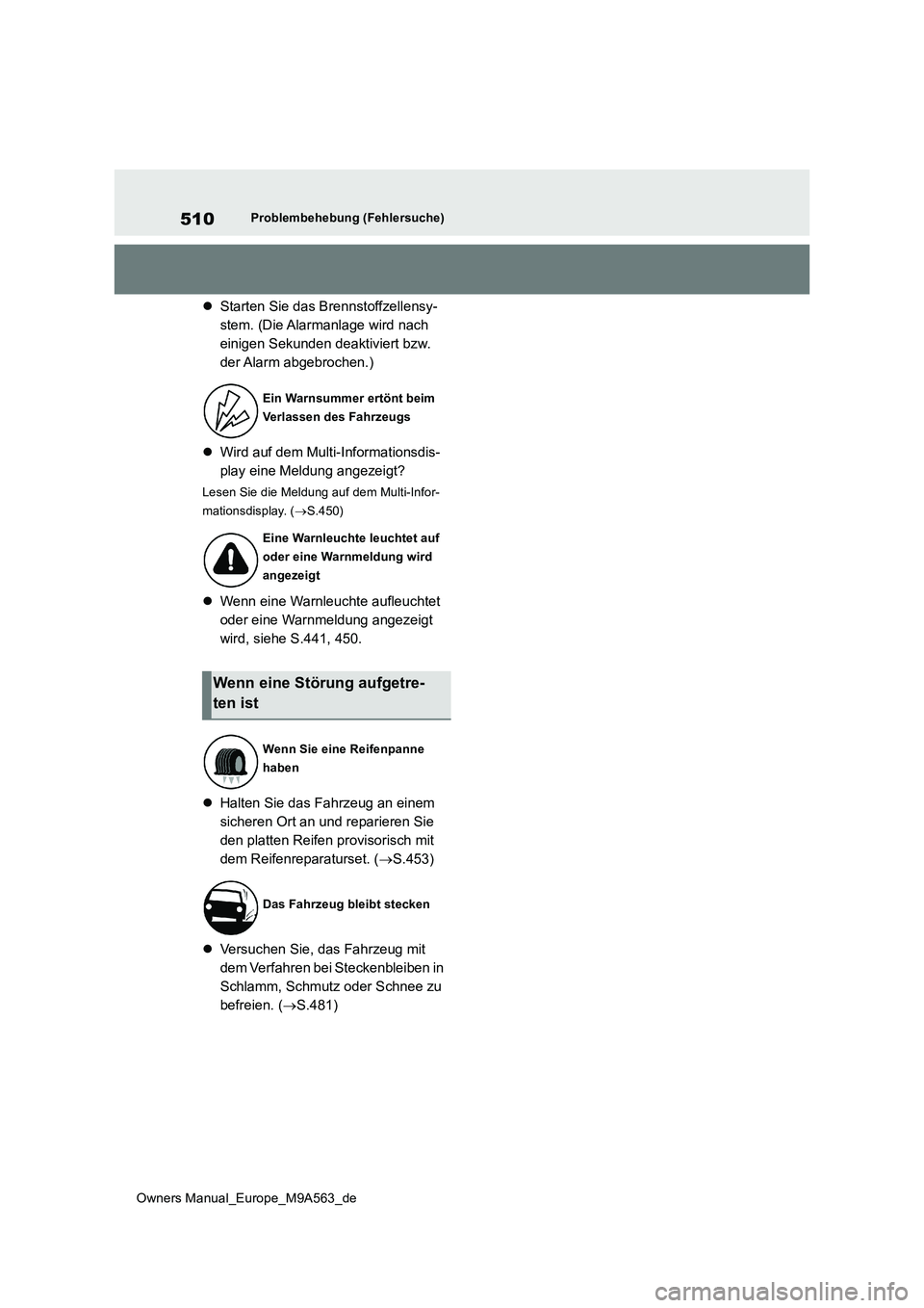TOYOTA MIRAI 2023  Betriebsanleitungen (in German) 510
Owners Manual_Europe_M9A563_de
Problembehebung (Fehlersuche)
Starten Sie das Brennstoffzellensy- 
stem. (Die Alarmanlage wird nach 
einigen Sekunden deaktiviert bzw. 
der Alarm abgebrochen.) 
