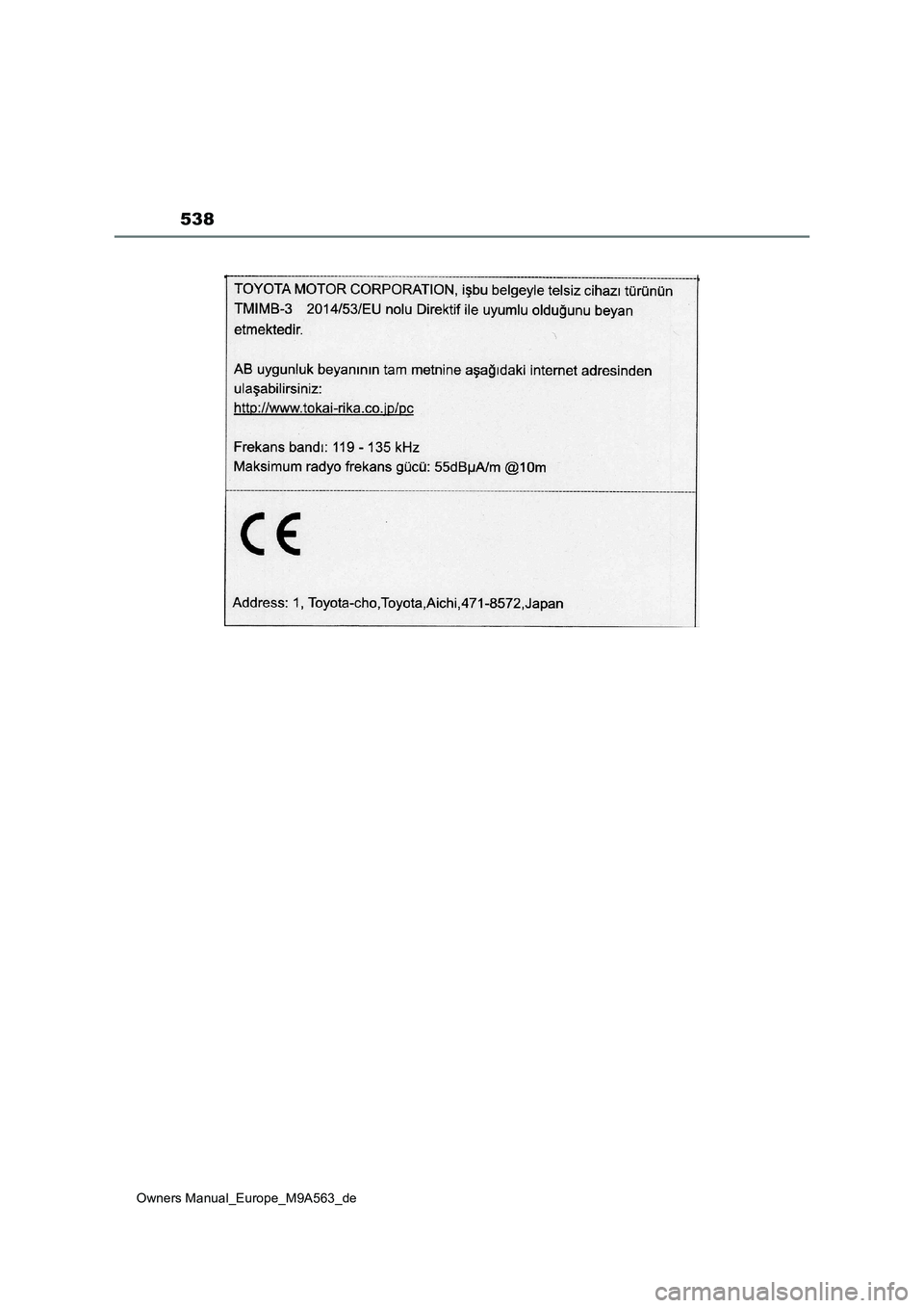 TOYOTA MIRAI 2023  Betriebsanleitungen (in German) 538
Owners Manual_Europe_M9A563_de 