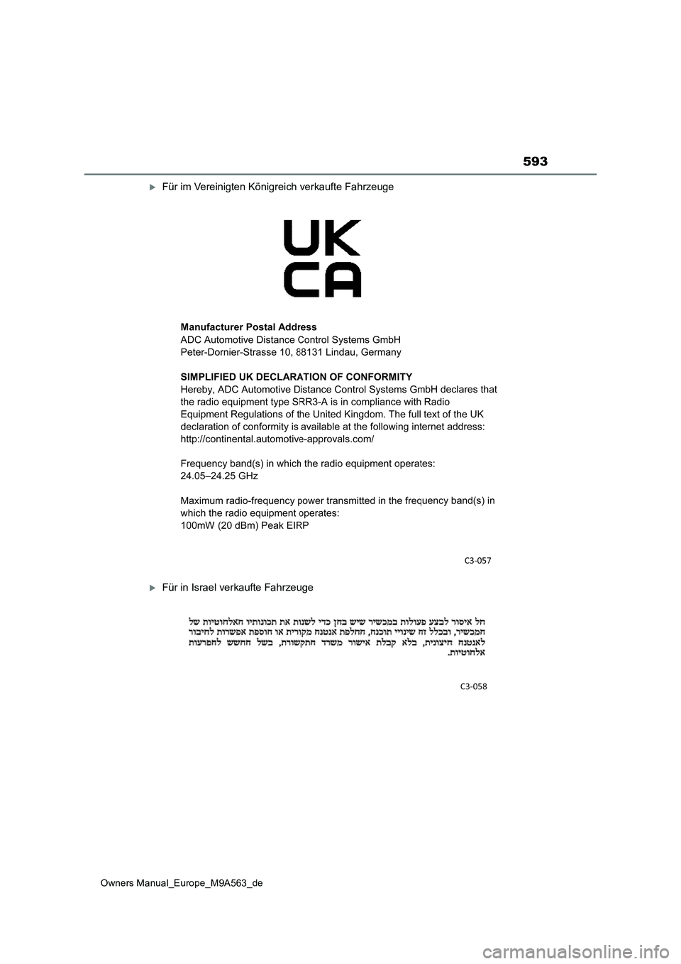 TOYOTA MIRAI 2023  Betriebsanleitungen (in German) 593
Owners Manual_Europe_M9A563_de
Für im Vereinigten Königreich verkaufte Fahrzeuge
Für in Israel verkaufte Fahrzeuge 