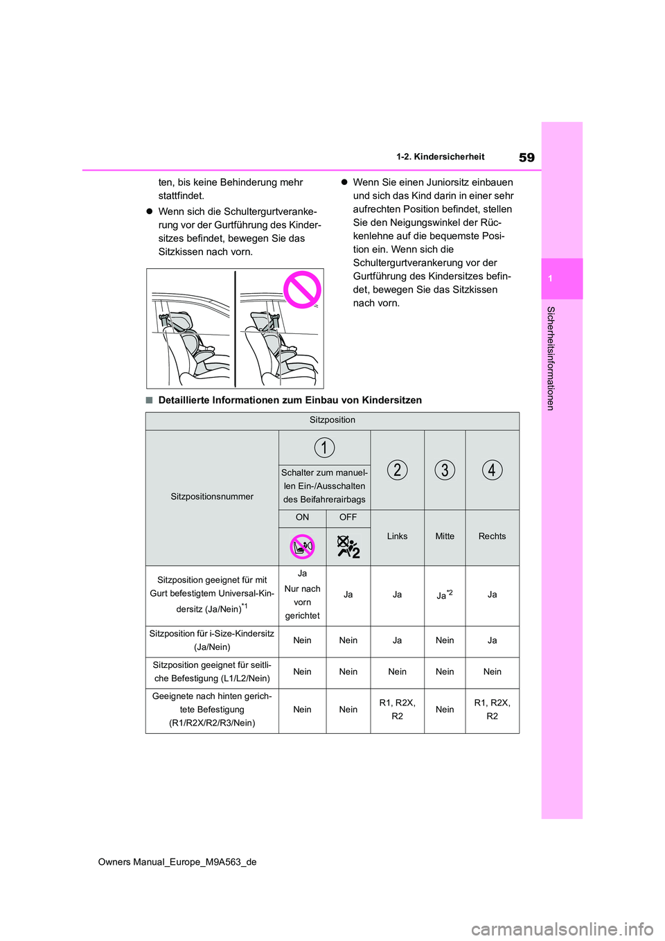 TOYOTA MIRAI 2023 Betriebsanleitungen (in German) 59
1
Owners Manual_Europe_M9A563_de
1-2. Kindersicherheit
Sicherheitsinformationen
ten, bis keine Behinderung mehr
stattfindet.
Wenn sich die Schultergurtveranke-
rung vor der Gurtführung des TOYOTA MIRAI 2023 Betriebsanleitungen (in German) 59
1
Owners Manual_Europe_M9A563_de
1-2. Kindersicherheit
Sicherheitsinformationen
ten, bis keine Behinderung mehr
stattfindet.
Wenn sich die Schultergurtveranke-
rung vor der Gurtführung des