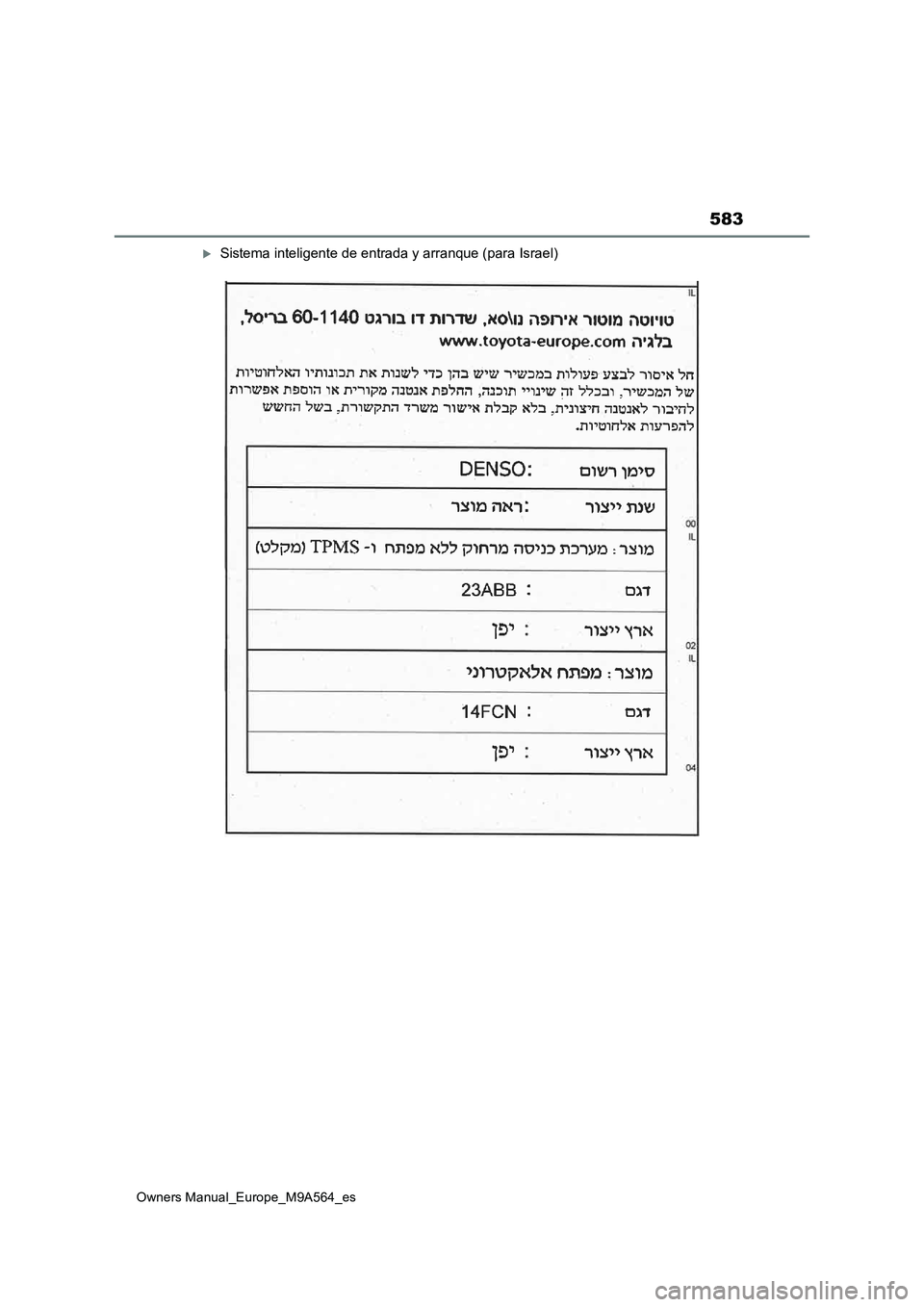 TOYOTA MIRAI 2023  Manual del propietario (in Spanish) 583
Owners Manual_Europe_M9A564_es
Sistema inteligente de entrada y arranque (para Israel) 