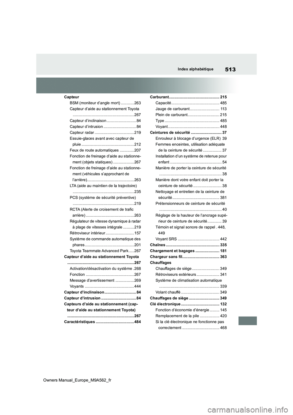 TOYOTA MIRAI 2023 Manuel du propriétaire (in French) 513
Owners Manual_Europe_M9A562_fr
Index alphabétique
Capteur
BSM (moniteur d’angle mort) ............ 263
Capteur d’aide au stationnement Toyota
................................................ TOYOTA MIRAI 2023 Manuel du propriétaire (in French) 513
Owners Manual_Europe_M9A562_fr
Index alphabétique
Capteur
BSM (moniteur d’angle mort) ............ 263
Capteur d’aide au stationnement Toyota
................................................