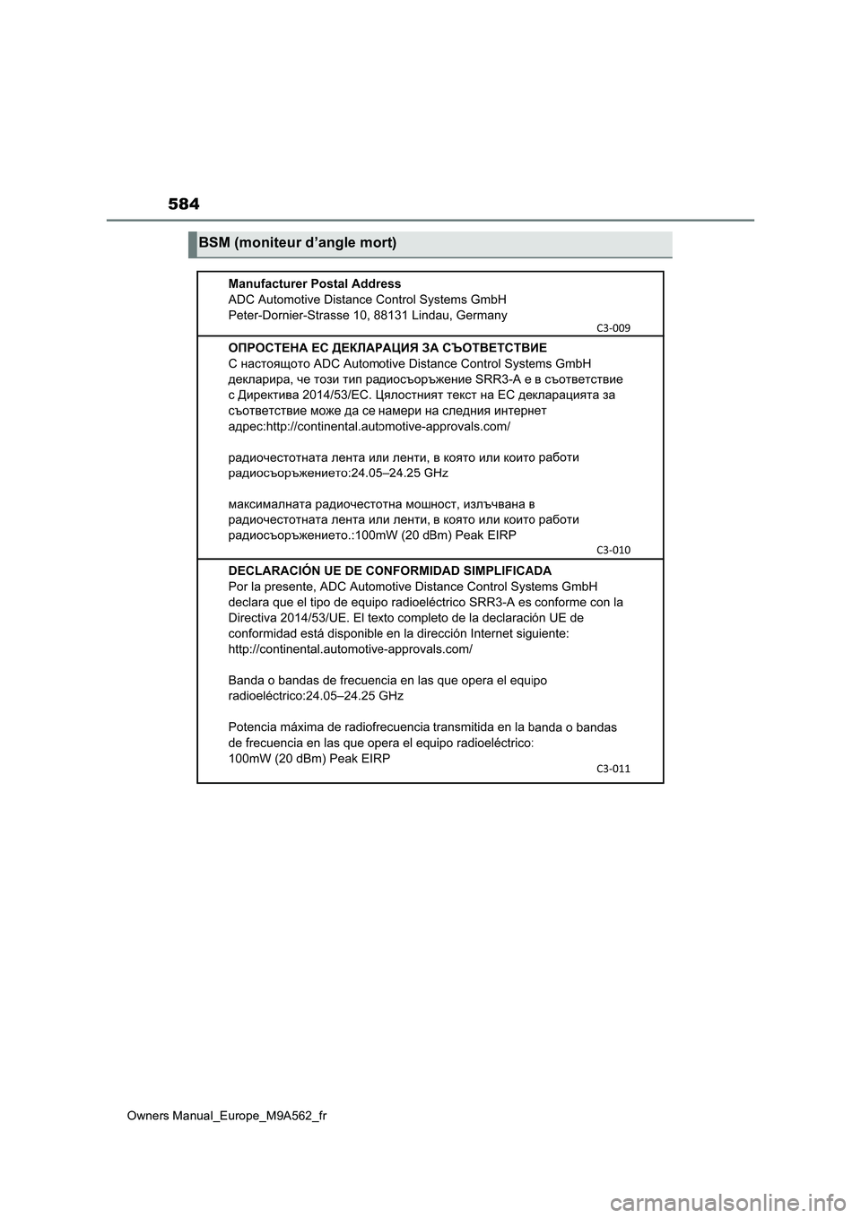 TOYOTA MIRAI 2023  Manuel du propriétaire (in French) 584
Owners Manual_Europe_M9A562_fr
BSM (moniteur d’angle mort) 