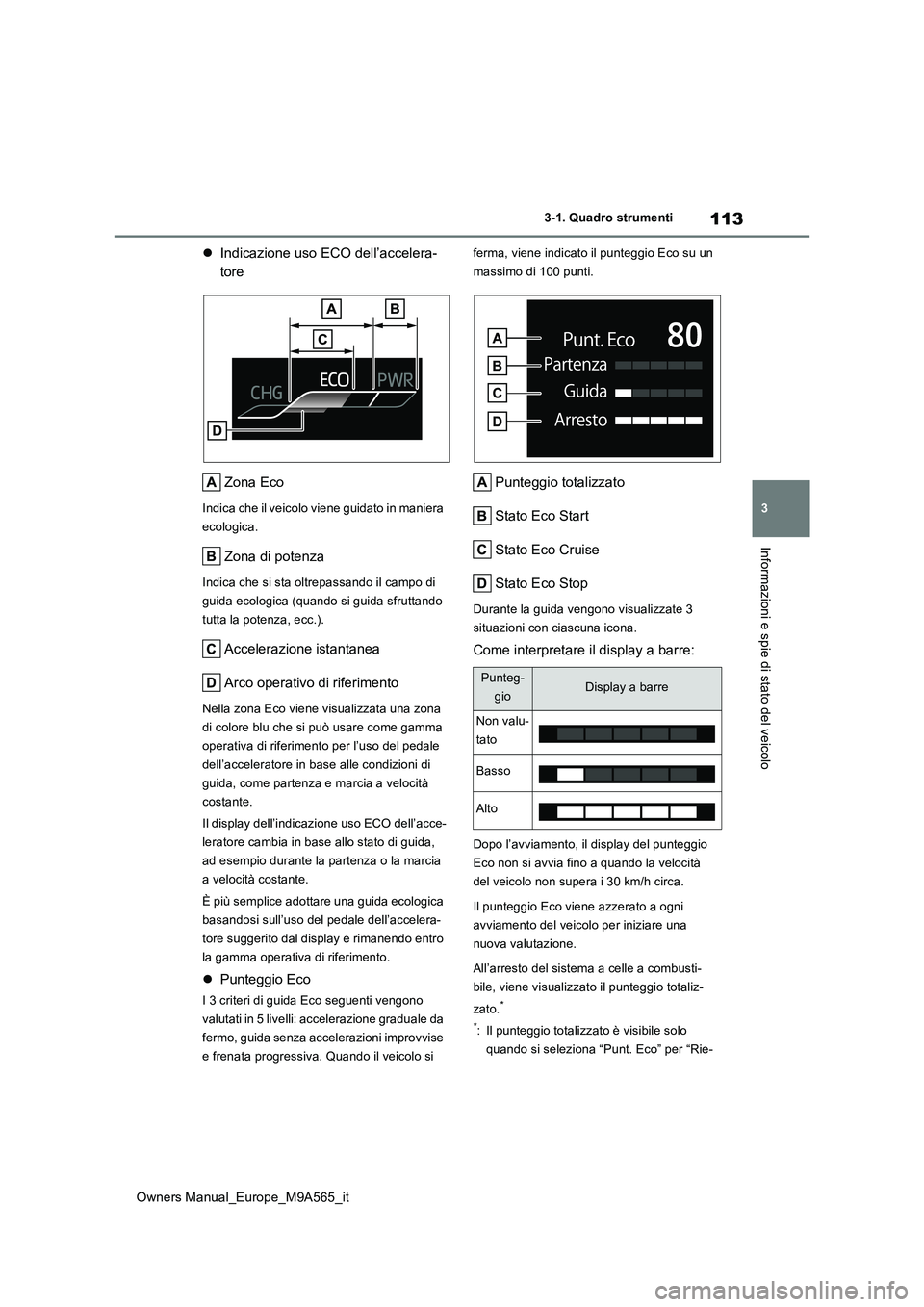 TOYOTA MIRAI 2023  Manuale duso (in Italian) 113
3
Owners Manual_Europe_M9A565_it
3-1. Quadro strumenti
Informazioni e spie di stato del veicolo
Indicazione uso ECO dell’accelera- 
tore 
Zona Eco
Indica che il veicolo viene guidato in manie