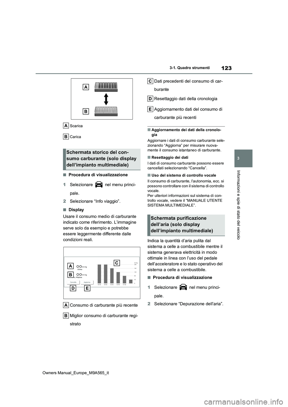TOYOTA MIRAI 2023  Manuale duso (in Italian) 123
3
Owners Manual_Europe_M9A565_it
3-1. Quadro strumenti
Informazioni e spie di stato del veicolo
Scarica 
Carica
■Procedura di visualizzazione 
1 Selezionare   nel menu princi- 
pale. 
2 Selezion