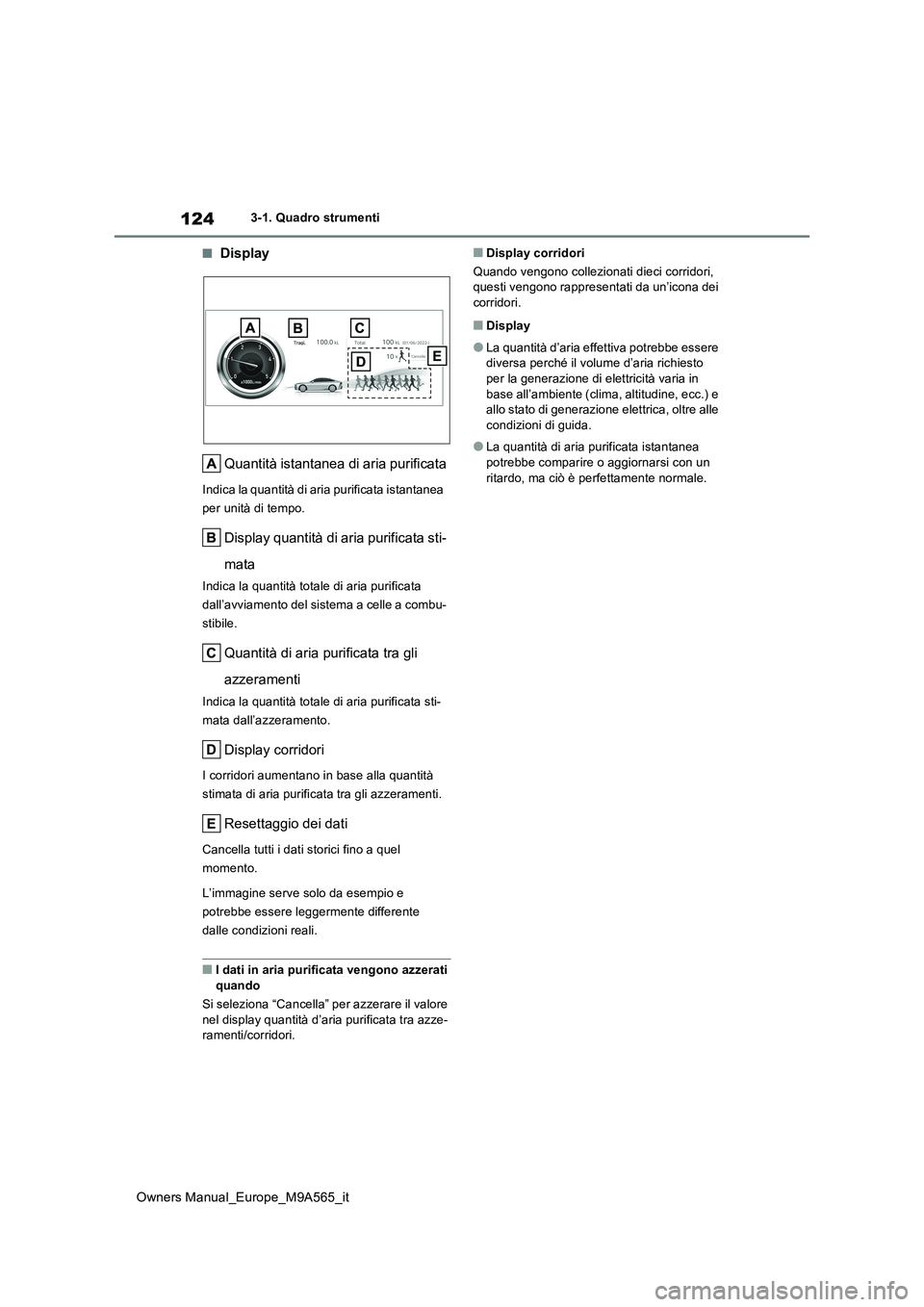 TOYOTA MIRAI 2023  Manuale duso (in Italian) 124
Owners Manual_Europe_M9A565_it
3-1. Quadro strumenti
■Display 
Quantità istantanea di aria purificata
Indica la quantità di aria purificata istantanea  
per unità di tempo.
Display quantità 