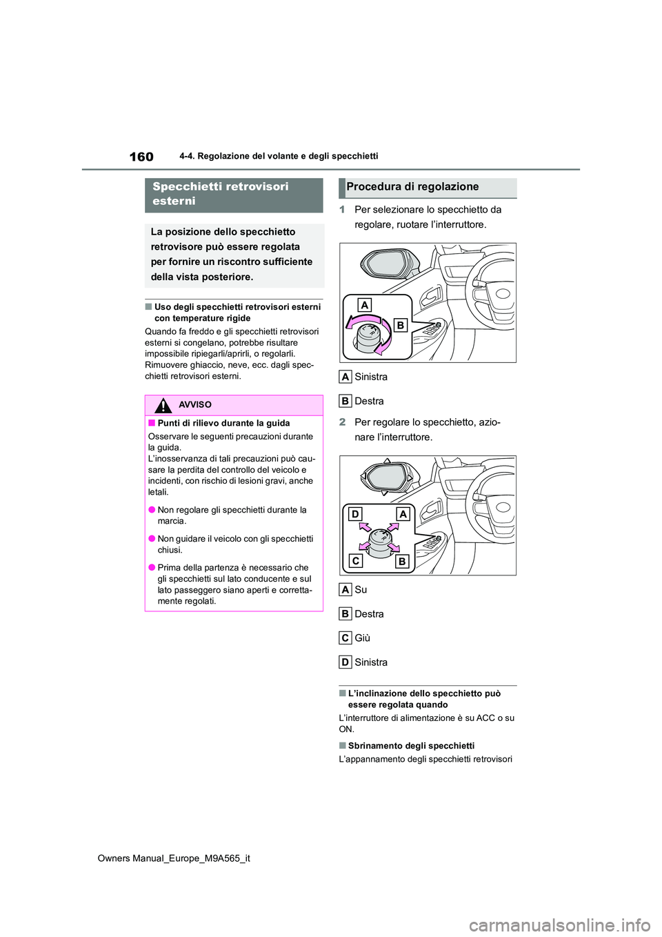 TOYOTA MIRAI 2023  Manuale duso (in Italian) 160
Owners Manual_Europe_M9A565_it
4-4. Regolazione del volante e degli specchietti
■Uso degli specchietti retrovisori esterni  
con temperature rigide 
Quando fa freddo e gli specchietti retrovisor