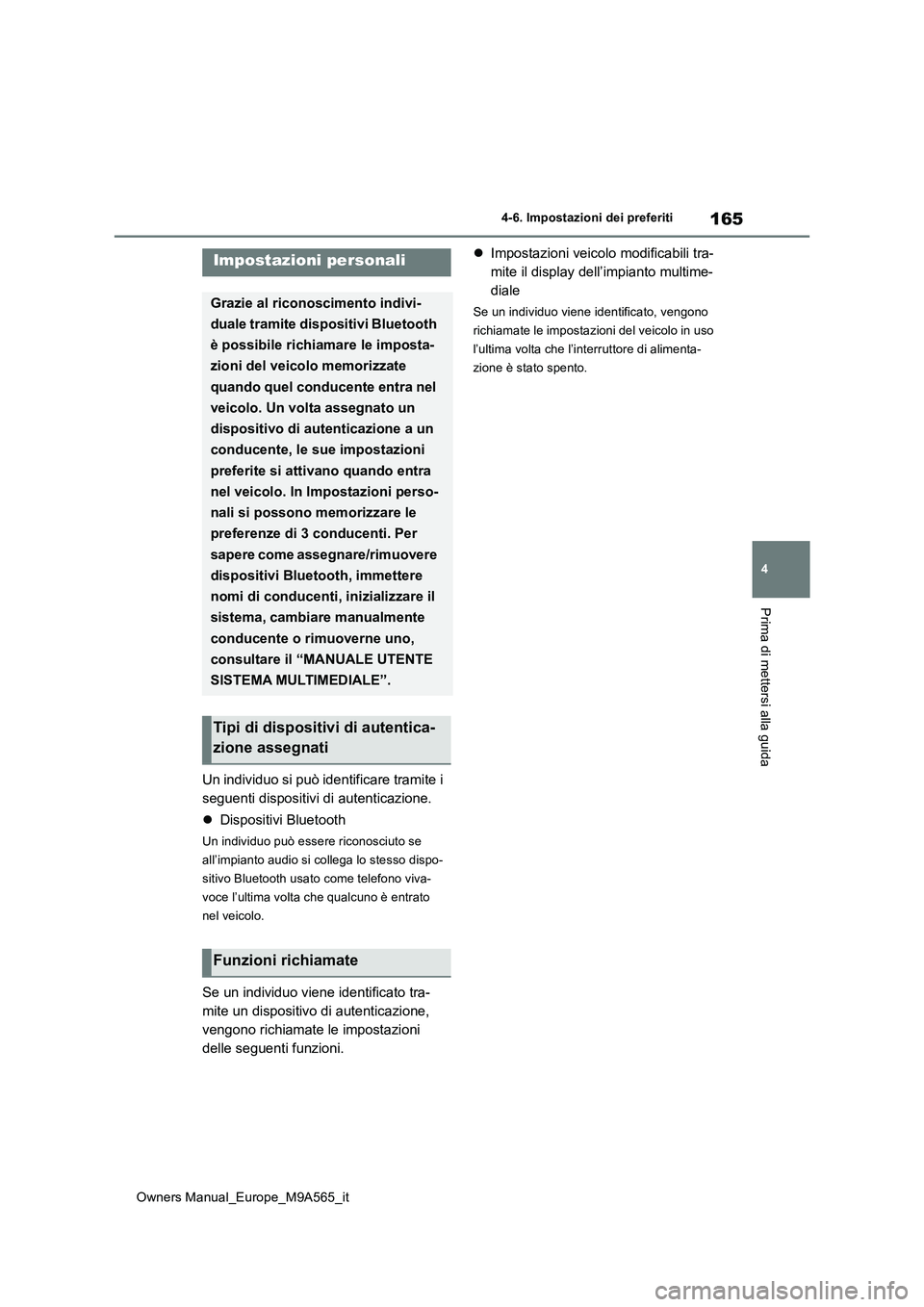 TOYOTA MIRAI 2023  Manuale duso (in Italian) 165
4
Owners Manual_Europe_M9A565_it
4-6. Impostazioni dei preferiti
Prima di mettersi alla guida
4-6.Impo sta zioni de i prefe riti
Un individuo si può identificare tramite i  
seguenti dispositivi 