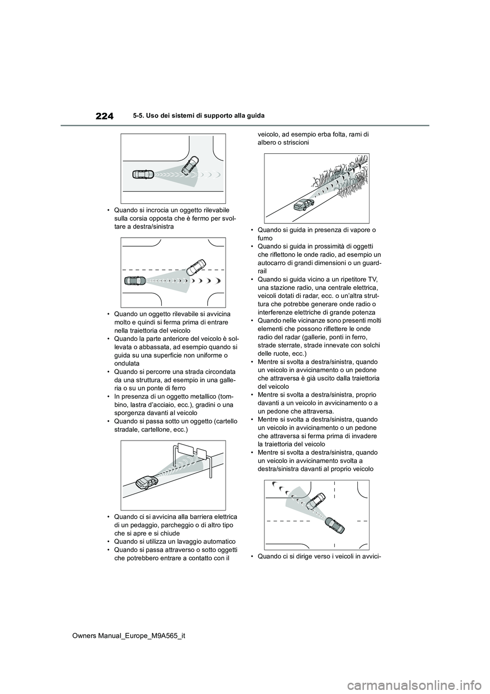TOYOTA MIRAI 2023  Manuale duso (in Italian) 224
Owners Manual_Europe_M9A565_it
5-5. Uso dei sistemi di supporto alla guida 
• Quando si incrocia un oggetto rilevabile  sulla corsia opposta che è fermo per svol-tare a destra/sinistra 
• Qua
