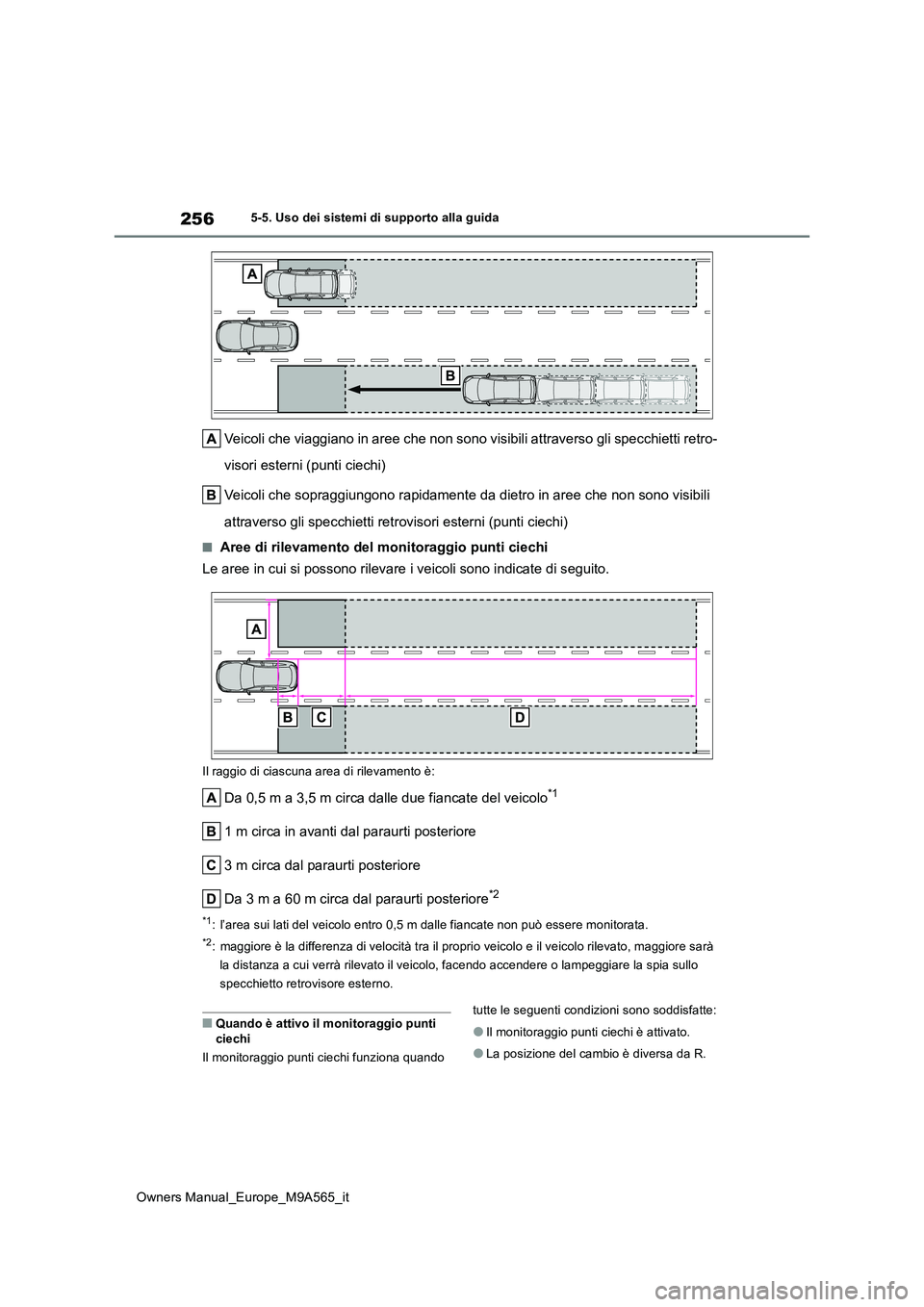 TOYOTA MIRAI 2023  Manuale duso (in Italian) 256
Owners Manual_Europe_M9A565_it
5-5. Uso dei sistemi di supporto alla guida
Veicoli che viaggiano in aree che non sono visibili attraverso gli specchietti retro- 
visori esterni (punti ciechi) 
Vei