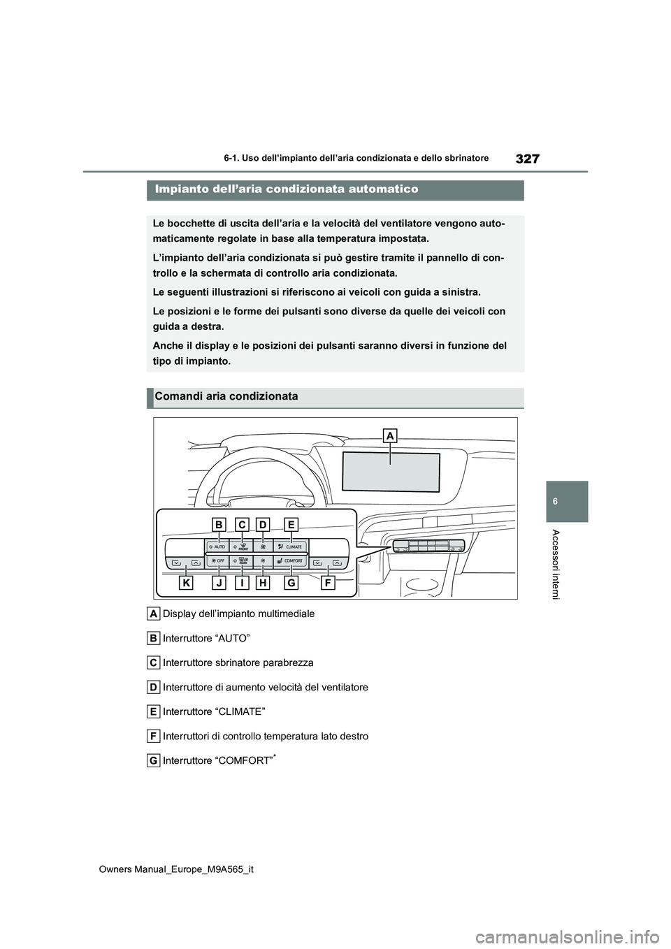 TOYOTA MIRAI 2023  Manuale duso (in Italian) 327
6
Owners Manual_Europe_M9A565_it
6-1. Uso dell’impianto dell’aria condizionata e dello sbrinatore
Accessori interni
Display dell’impianto multimediale 
Interruttore “AUTO”
Interruttore s