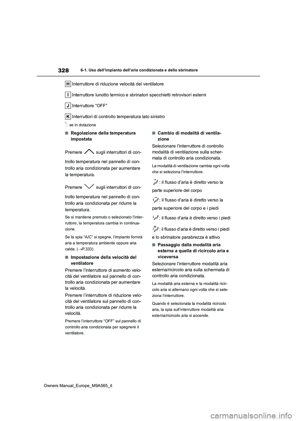TOYOTA MIRAI 2023  Manuale duso (in Italian) 328
Owners Manual_Europe_M9A565_it
6-1. Uso dell’impianto dell’aria condizionata e dello sbrinatore
Interruttore di riduzione velocità del ventilatore 
Interruttore lunotto termico e sbrinatori s