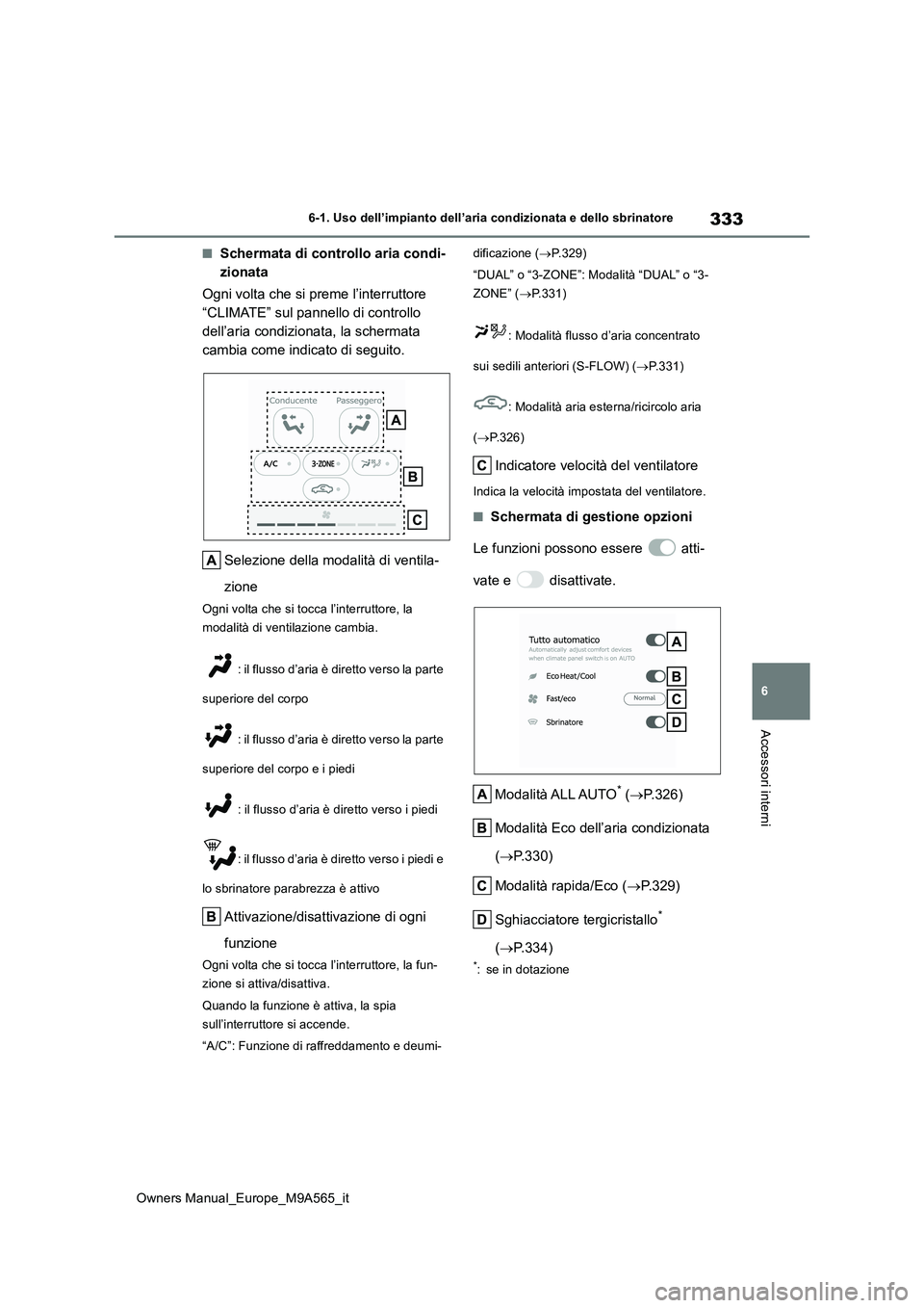 TOYOTA MIRAI 2023  Manuale duso (in Italian) 333
6
Owners Manual_Europe_M9A565_it
6-1. Uso dell’impianto dell’aria condizionata e dello sbrinatore
Accessori interni
■Schermata di controllo aria condi- 
zionata 
Ogni volta che si preme l’
