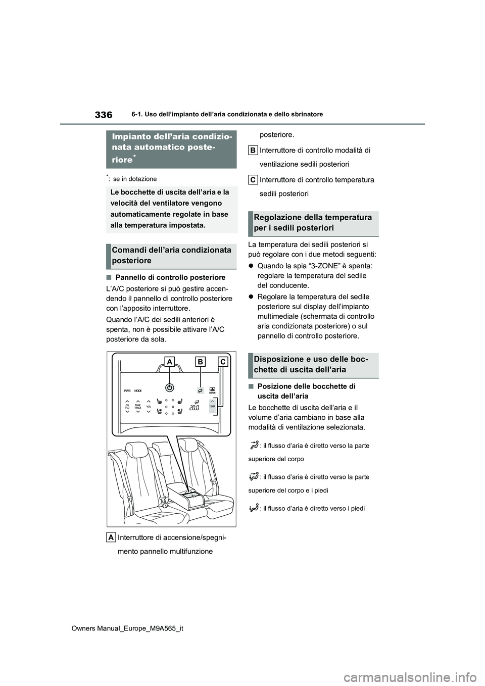 TOYOTA MIRAI 2023  Manuale duso (in Italian) 336
Owners Manual_Europe_M9A565_it
6-1. Uso dell’impianto dell’aria condizionata e dello sbrinatore
*: se in dotazione
■Pannello di controllo posteriore 
L’A/C posteriore si può gestire accen