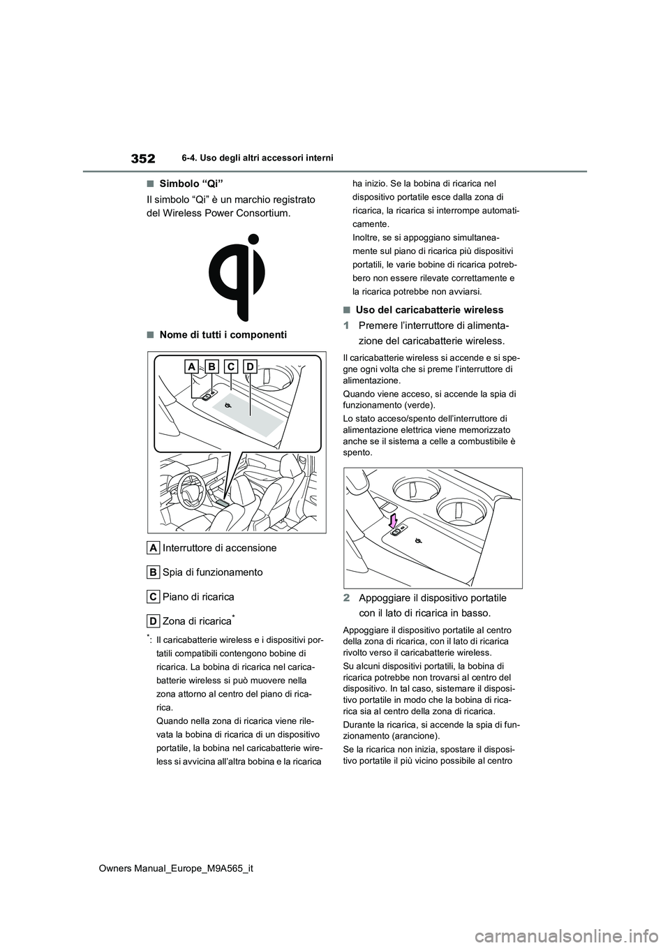 TOYOTA MIRAI 2023  Manuale duso (in Italian) 352
Owners Manual_Europe_M9A565_it
6-4. Uso degli altri accessori interni
■Simbolo “Qi” 
Il simbolo “Qi” è un marchio registrato  
del Wireless Power Consortium.
■Nome di tutti i componen