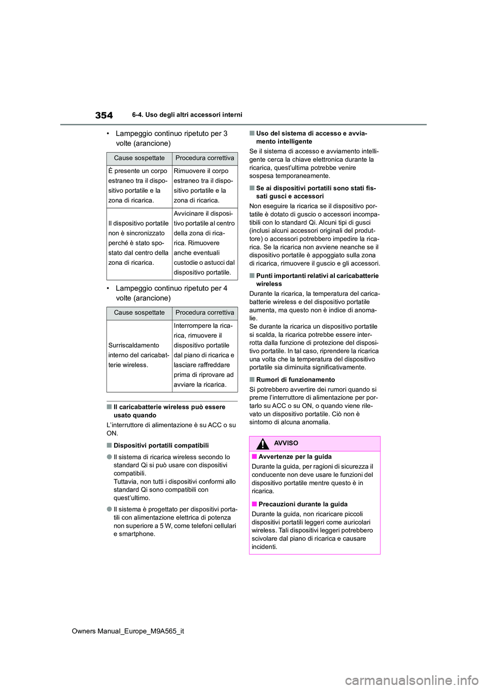 TOYOTA MIRAI 2023  Manuale duso (in Italian) 354
Owners Manual_Europe_M9A565_it
6-4. Uso degli altri accessori interni
• Lampeggio continuo ripetuto per 3  
volte (arancione) 
• Lampeggio continuo ripetuto per 4  
volte (arancione)
■Il car