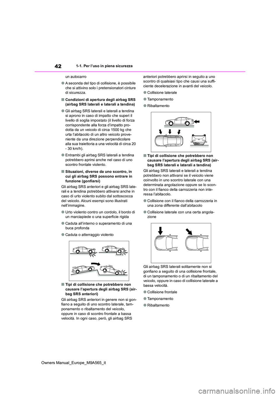 TOYOTA MIRAI 2023  Manuale duso (in Italian) 42
Owners Manual_Europe_M9A565_it
1-1. Per l’uso in piena sicurezza 
un autocarro
●A seconda del tipo di collisione, è possibile  
che si attivino solo i pretensionatori cinture  di sicurezza.
