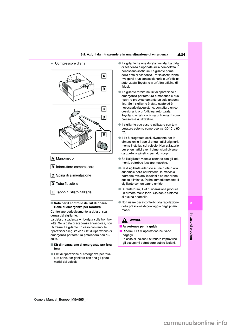 TOYOTA MIRAI 2023  Manuale duso (in Italian) 441
8
Owners Manual_Europe_M9A565_it
8-2. Azioni da intraprendere in una situazione di emergenza
In caso di problemi
Compressore d’aria 
Manometro 
Interruttore compressore
Spina di alimentazione