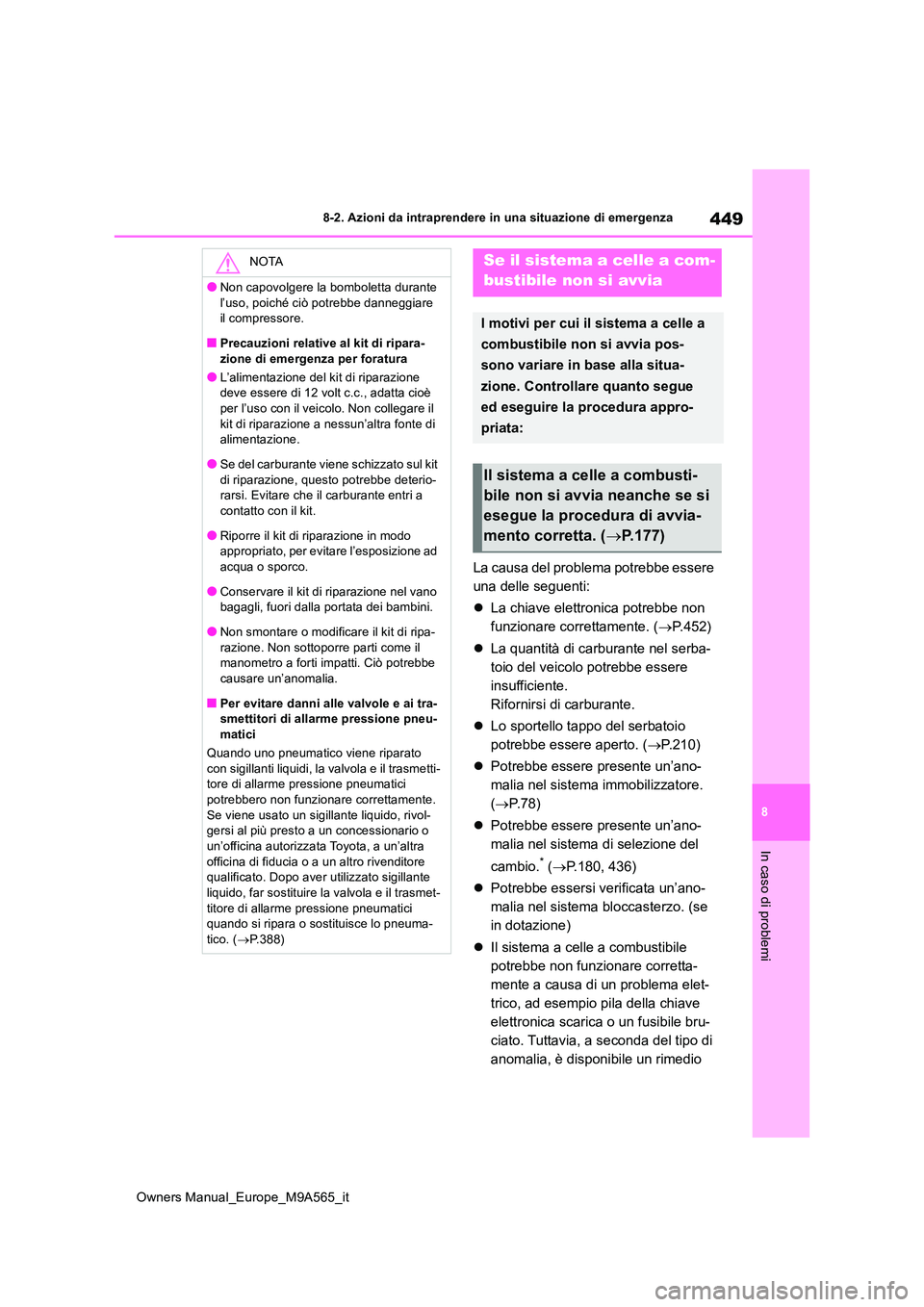 TOYOTA MIRAI 2023  Manuale duso (in Italian) 449
8
Owners Manual_Europe_M9A565_it
8-2. Azioni da intraprendere in una situazione di emergenza
In caso di problemi
La causa del problema potrebbe essere  
una delle seguenti: 
 La chiave elettron
