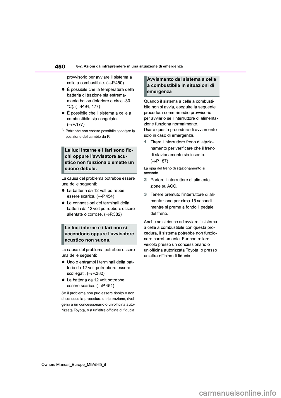 TOYOTA MIRAI 2023  Manuale duso (in Italian) 450
Owners Manual_Europe_M9A565_it
8-2. Azioni da intraprendere in una situazione di emergenza
provvisorio per avviare il sistema a  
celle a combustibile. ( P.450) 
 È possibile che la tempera
