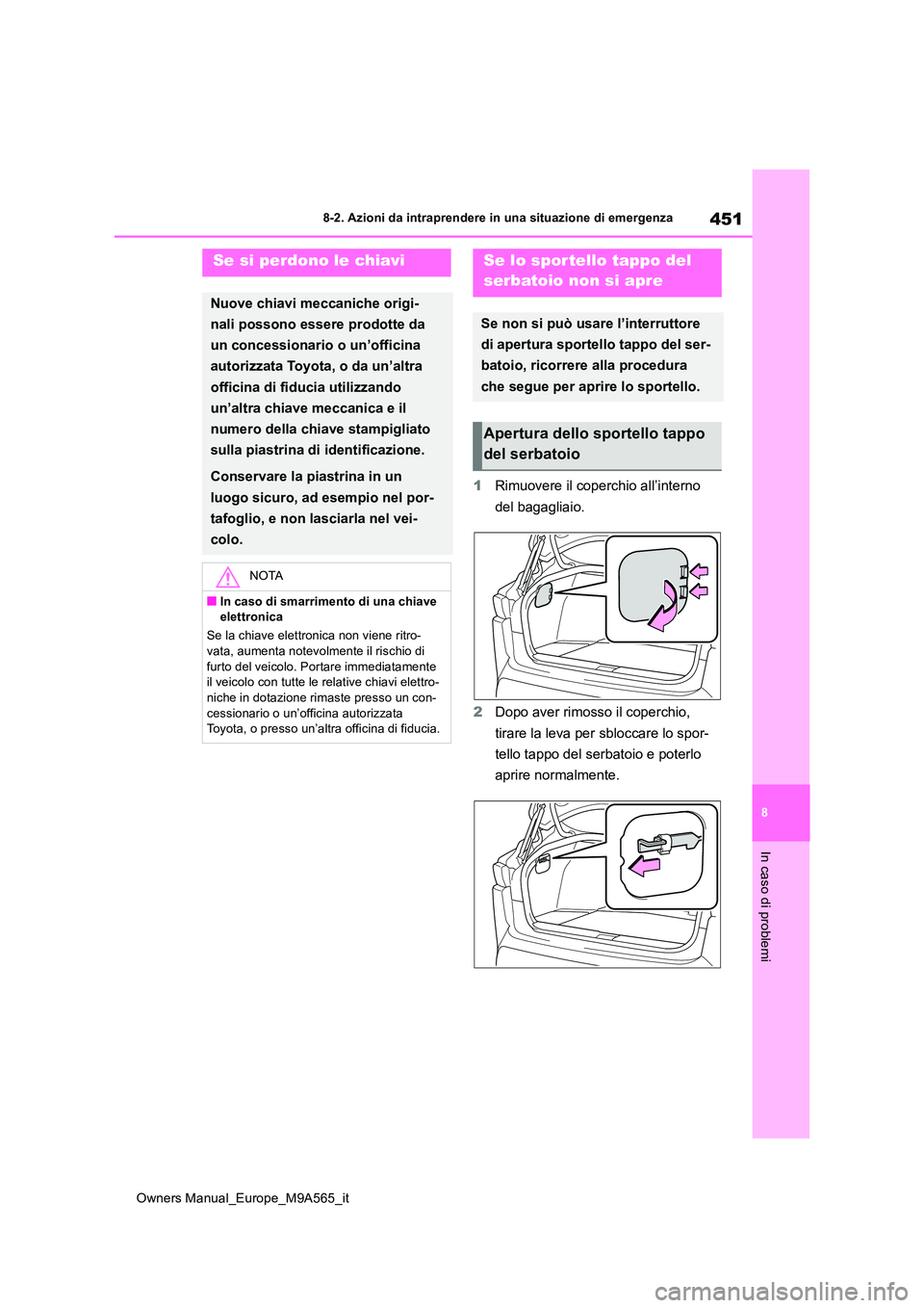 TOYOTA MIRAI 2023  Manuale duso (in Italian) 451
8
Owners Manual_Europe_M9A565_it
8-2. Azioni da intraprendere in una situazione di emergenza
In caso di problemi
1Rimuovere il coperchio all’interno  
del bagagliaio. 
2 Dopo aver rimosso il cop
