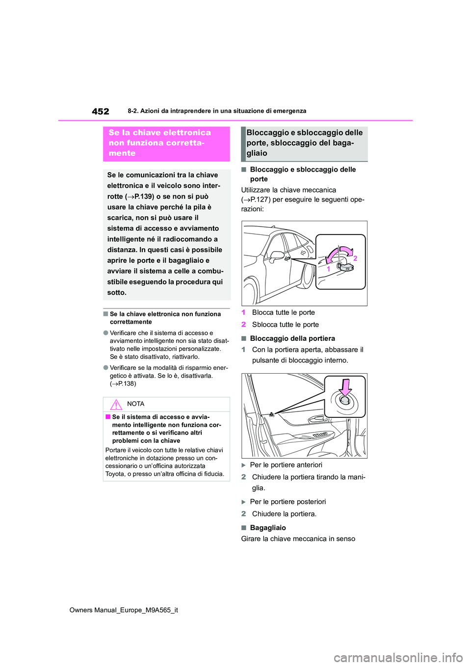 TOYOTA MIRAI 2023  Manuale duso (in Italian) 452
Owners Manual_Europe_M9A565_it
8-2. Azioni da intraprendere in una situazione di emergenza
■Se la chiave elettronica non funziona  correttamente
●Verificare che il sistema di accesso e avviame